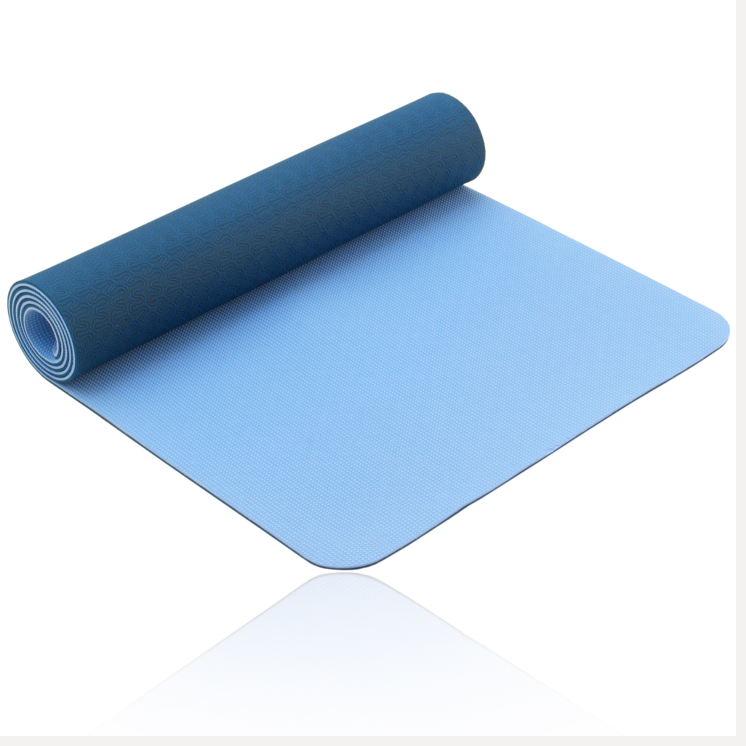 Abgebildet ist eine zweifarbig blaue Yoga-/Gymnastikmatte aus umweltfreundlichem TPE, teilweise ausgerollt auf weißem Untergrund – ideal für umweltbewusste Yoga-Fans.