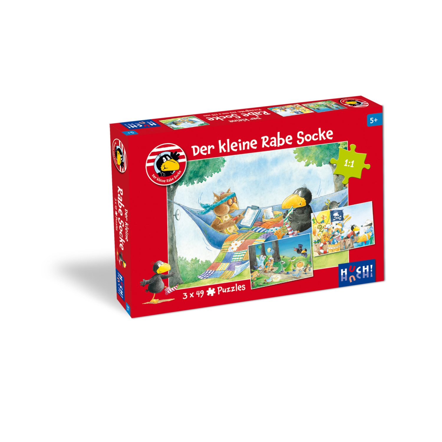 Die rote Schachtel „Der kleine Rabe Socke – Puzzle 3 x 49 Teile“ zeigt Zeichentricktiere, die ihre Freundschaft im Freien genießen, ideal für Kinder ab 5 Jahren.