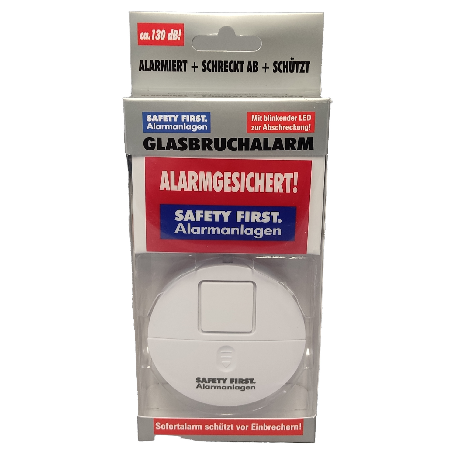 Verpackung für ein Glasbruchalarm-2er-Set mit lautem Alarm und rot-blauem deutschen Warntext. Inklusive Fensteraufkleber zur einfachen Montage.