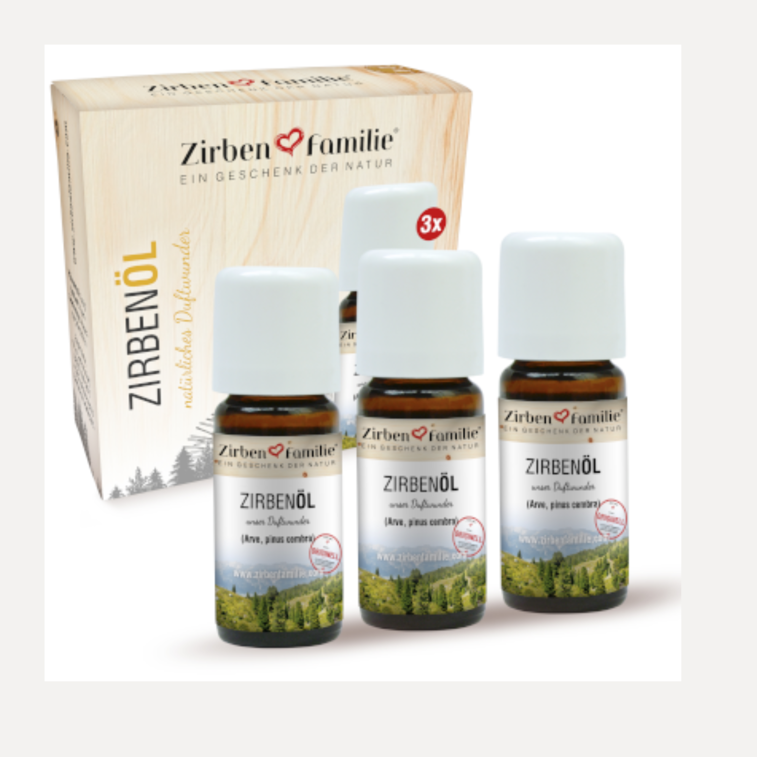 Drei Flaschen ZirbenÖl 10 ml im 3er-Pack werden vor einer von der Natur inspirierten Box platziert, ideal für eine natürliche Raumlufterfrischung.