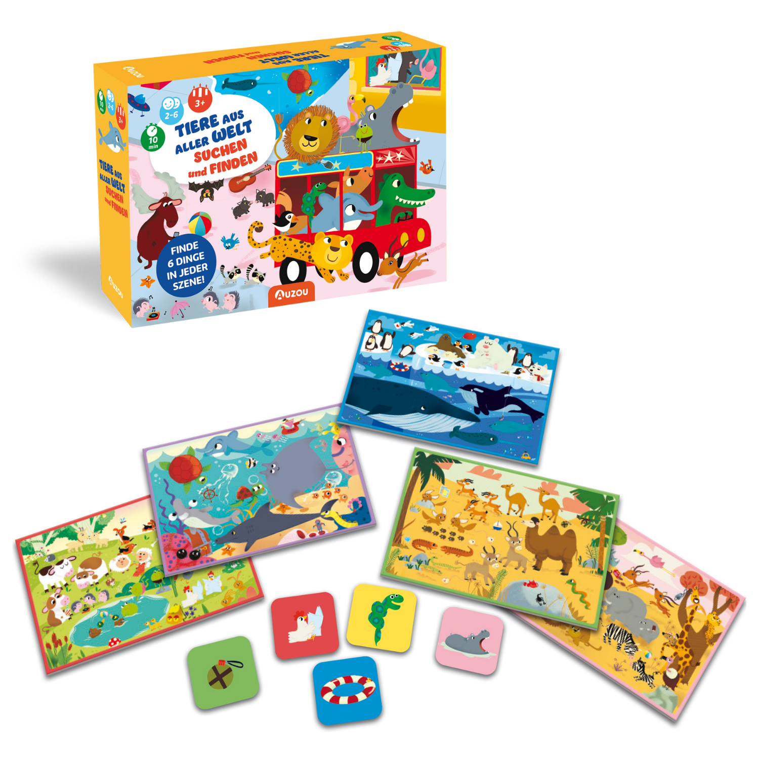 Das Spielset „Tiere aus aller Welt suchen und finden“ enthält Karten, Spielsteine und eine Spielbox mit farbenfrohen Tierthemen und atemberaubenden Tierillustrationen aus aller Welt.