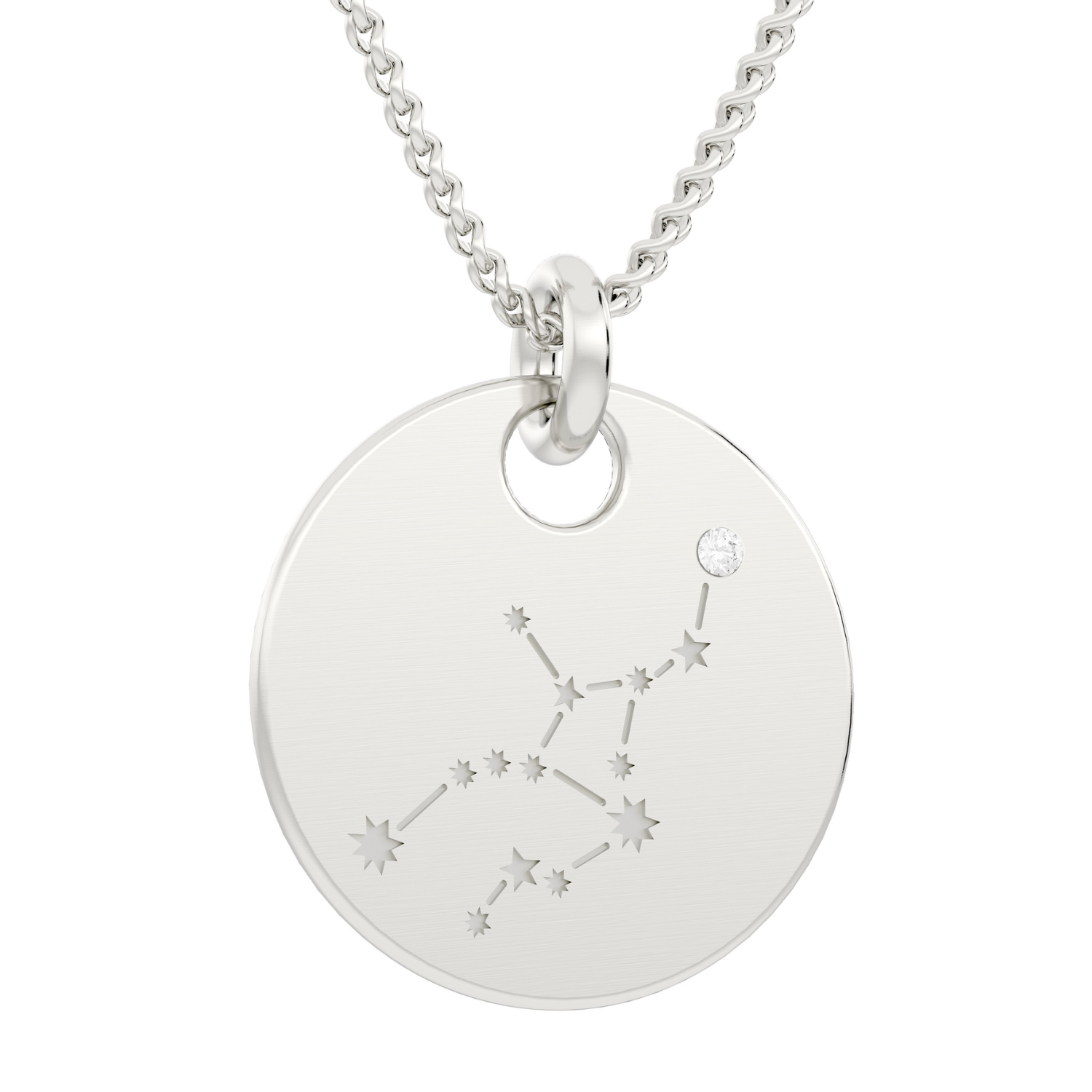 Der Sternbild Kettenanhänger, inkl. Kette ist eine Silberkette aus 925er Silber mit einem runden Anhänger, in den ein Sternbild eingraviert und mit einem kleinen Diamanten akzentuiert ist.