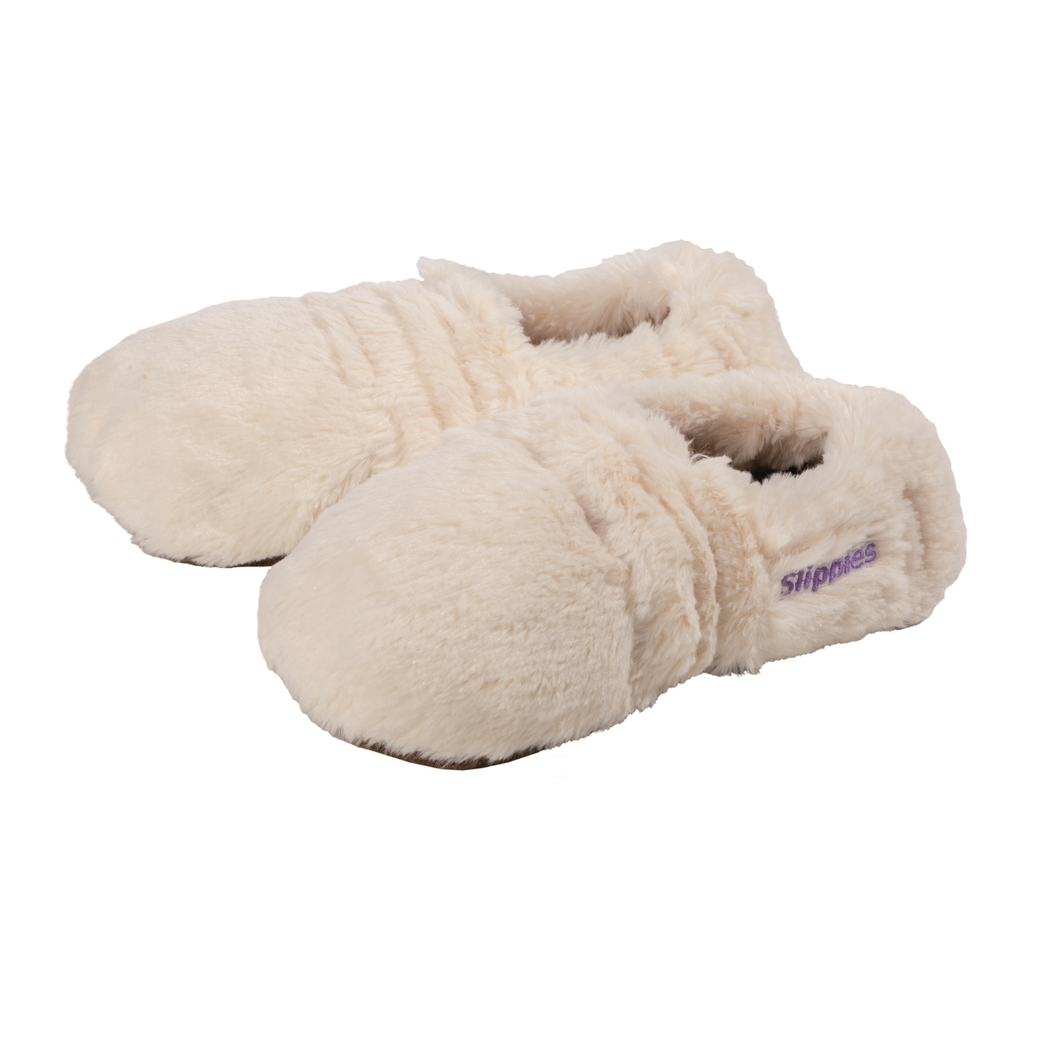 Die Slippies Deluxe Creme Plush, Gr. 36-40 sind flauschige, cremefarbene Hausschuhe mit der lilafarbenen Aufschrift „Slippers“ – perfekt, um Ihre Füße warm und gemütlich zu halten.