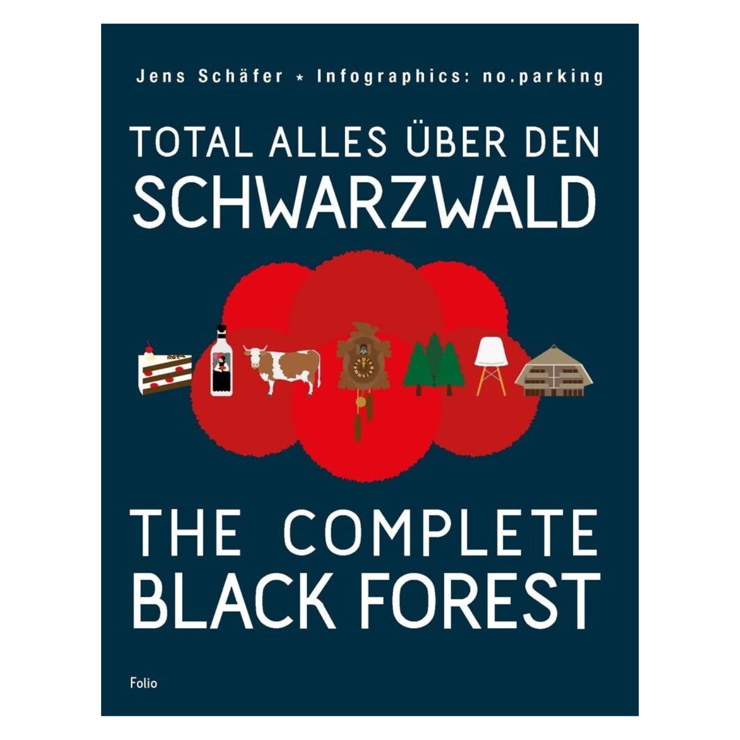 Buchcover mit dem Titel „Total alles über den Schwarzwald“ mit Baumsymbolen, traditionellen Gegenständen und der berühmten Schwarzwälder Kirschtorte, die den einzigartigen Charme der Schwarzwaldregion einfangen.
