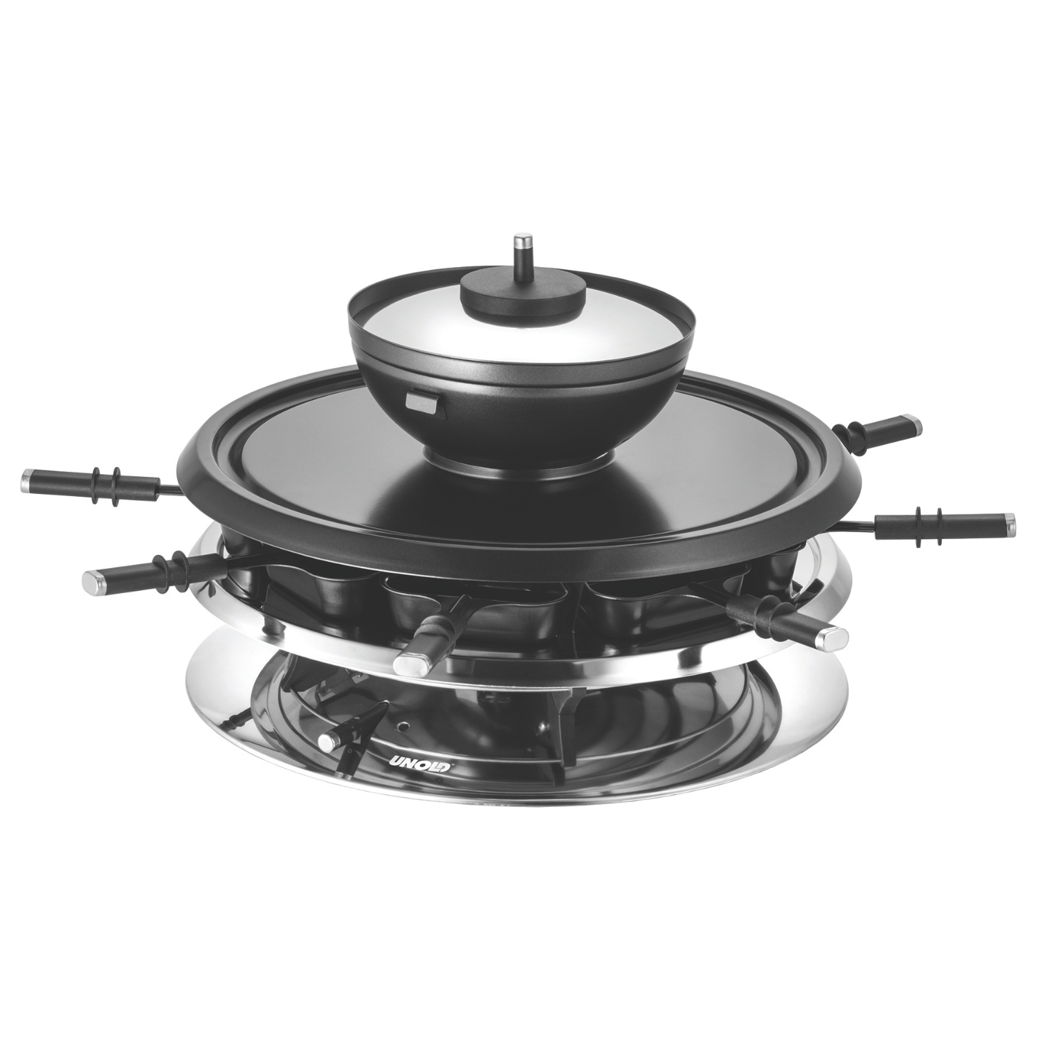 Der Raclette 4in1, Fondue, Grill in Schwarz und Silber verfügt über eine Natursteinplatte, Raclette-Pfännchen, Pfannenwender und einen Fonduetopf auf der Oberseite.