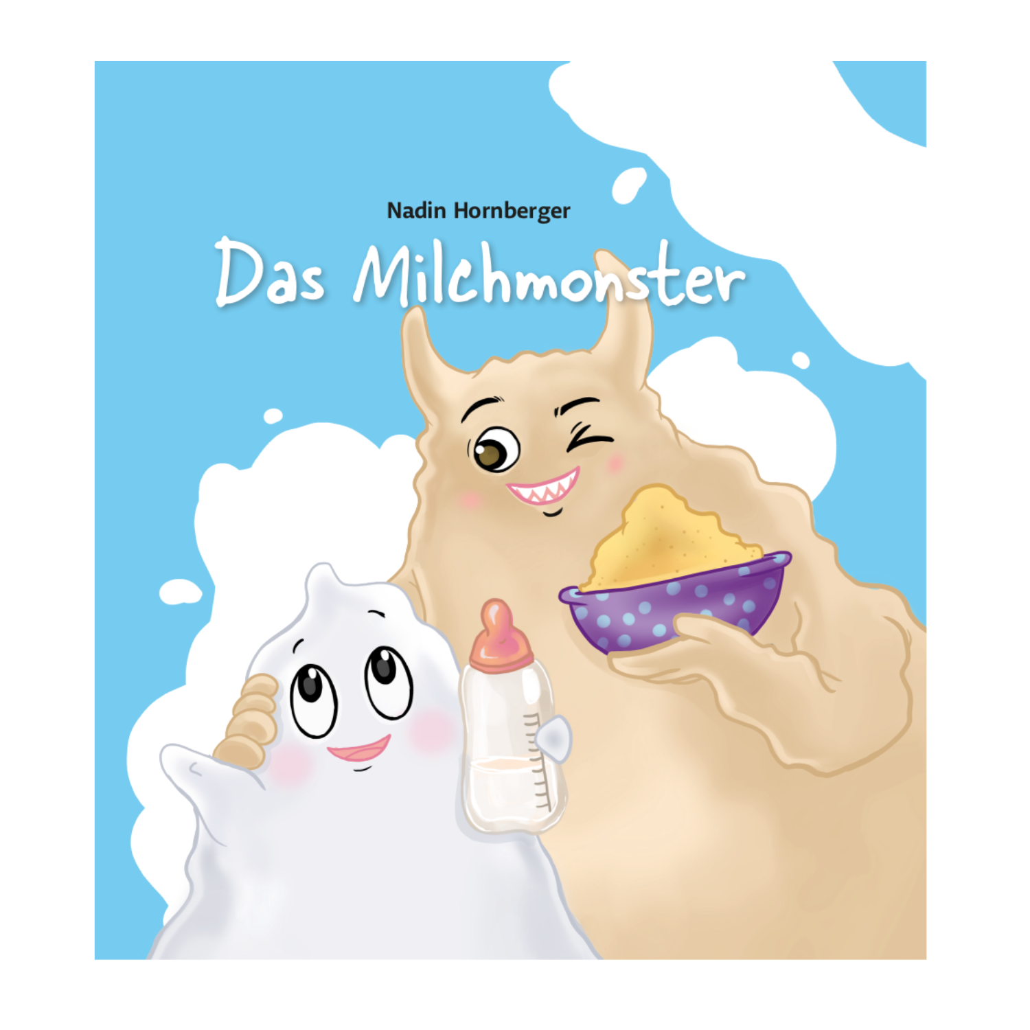 Auf einem blau-weißen Hintergrund hält Das Milchmonster eine Babyflasche neben Breimonster mit einer Schüssel, beide lächeln glücklich.