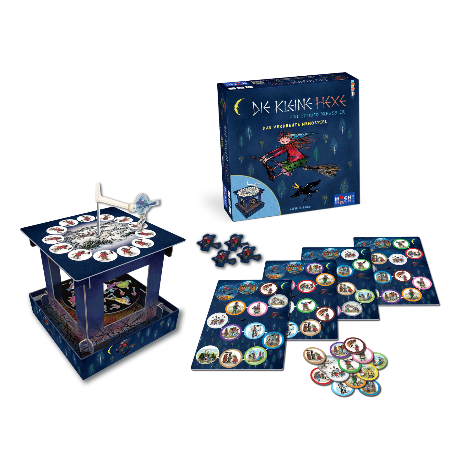 Die kleine Hexe – Das verdrehte Memospiel, inspiriert von den Kinderbuchklassikern, enthält Karten, Spielsteine, eine Pop-up-Plattform und eine illustrierte Box mit der bezaubernden Hexe.