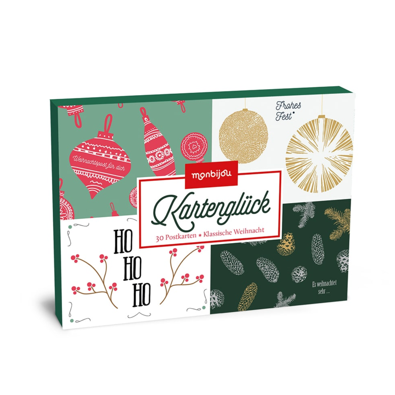 Kartenglück „Klassische Weihnacht“: Schachtel mit Weihnachtspostkarten mit festlichen Motiven, Ornamenten, inspirierenden Sprüchen und „Ho Ho Ho“-Text auf dem Cover.