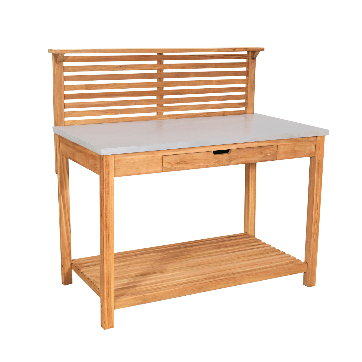 Der Pflanztisch Teak verfügt über eine verzinkte Arbeitsfläche, massives Teakholz, einen Lamellenrücken, eine ausziehbare Schublade, ein unteres Ablagefach und eine glatte Arbeitsoberfläche.