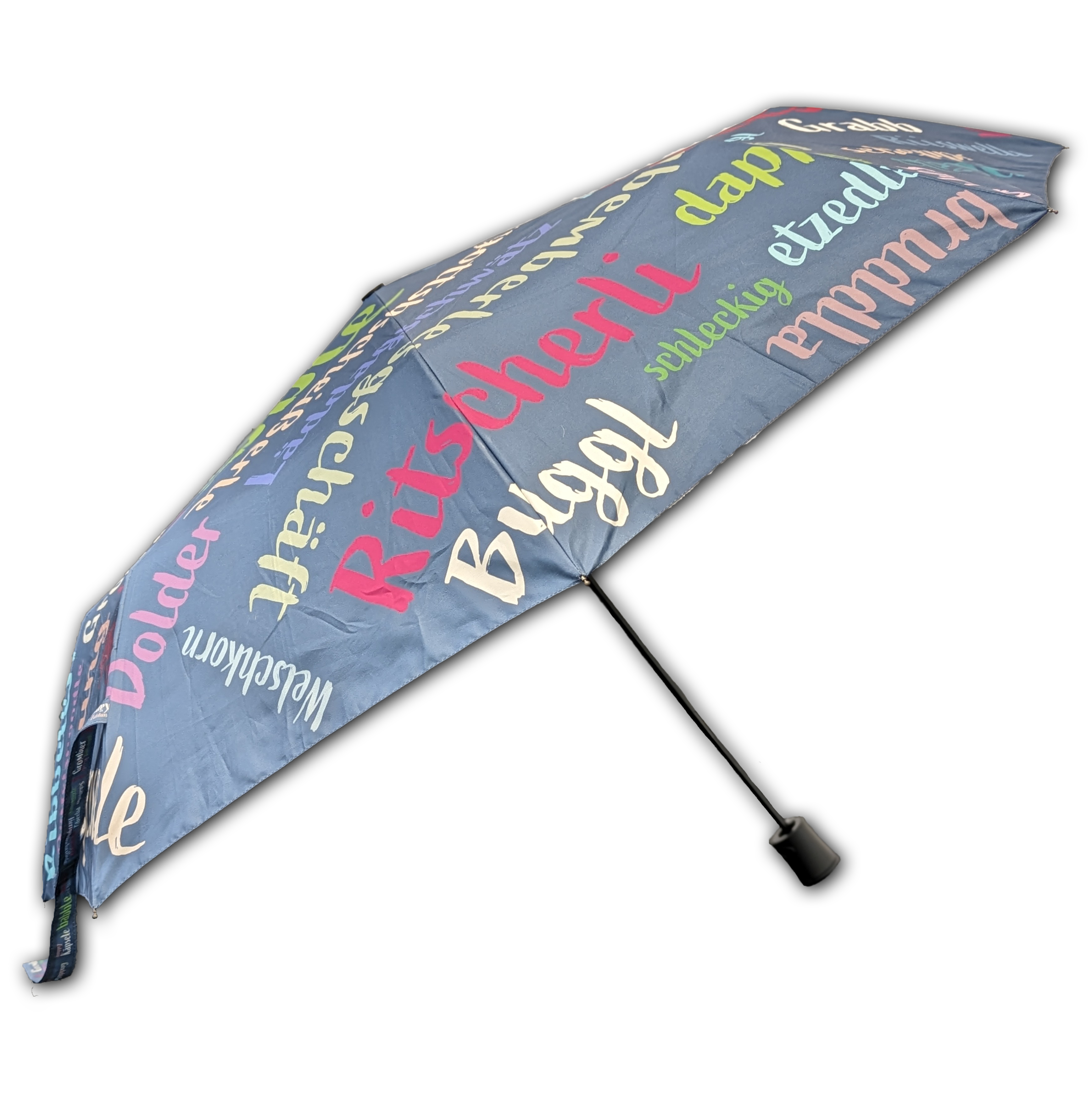 Der Mundart-Taschenschirm ist ein blauer Regenschirm aus robustem Stahl, verziert mit bunten und verspielten Worten in verschiedenen Schriftarten und Größen.