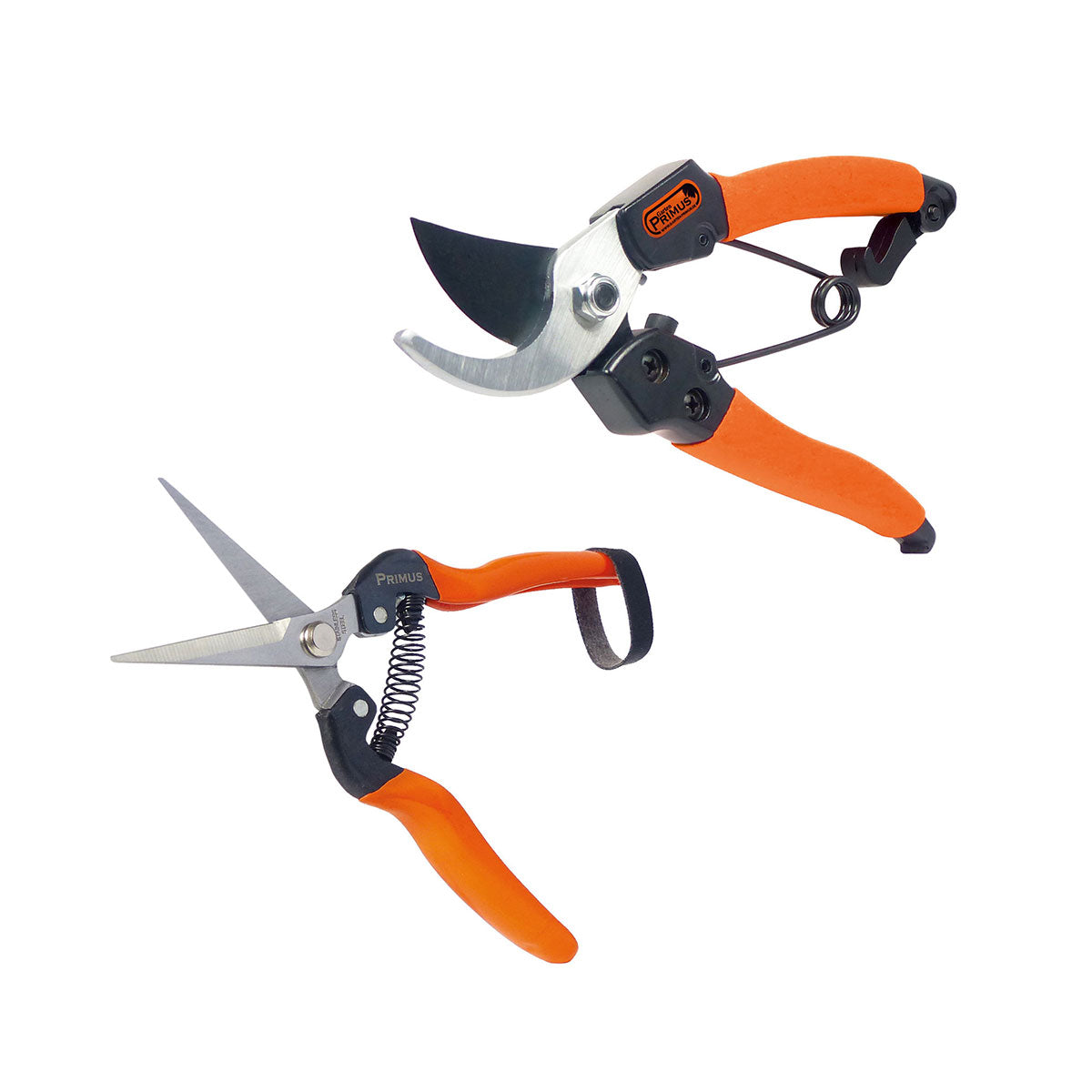 Das Set Damenschere & Wunderschere umfasst zwei Gartenscheren mit orangefarbenen Griffen – eine Bypass-Gartenschere und eine Trimmschere mit gerader Klinge – ideal für präzise Schnitte.
