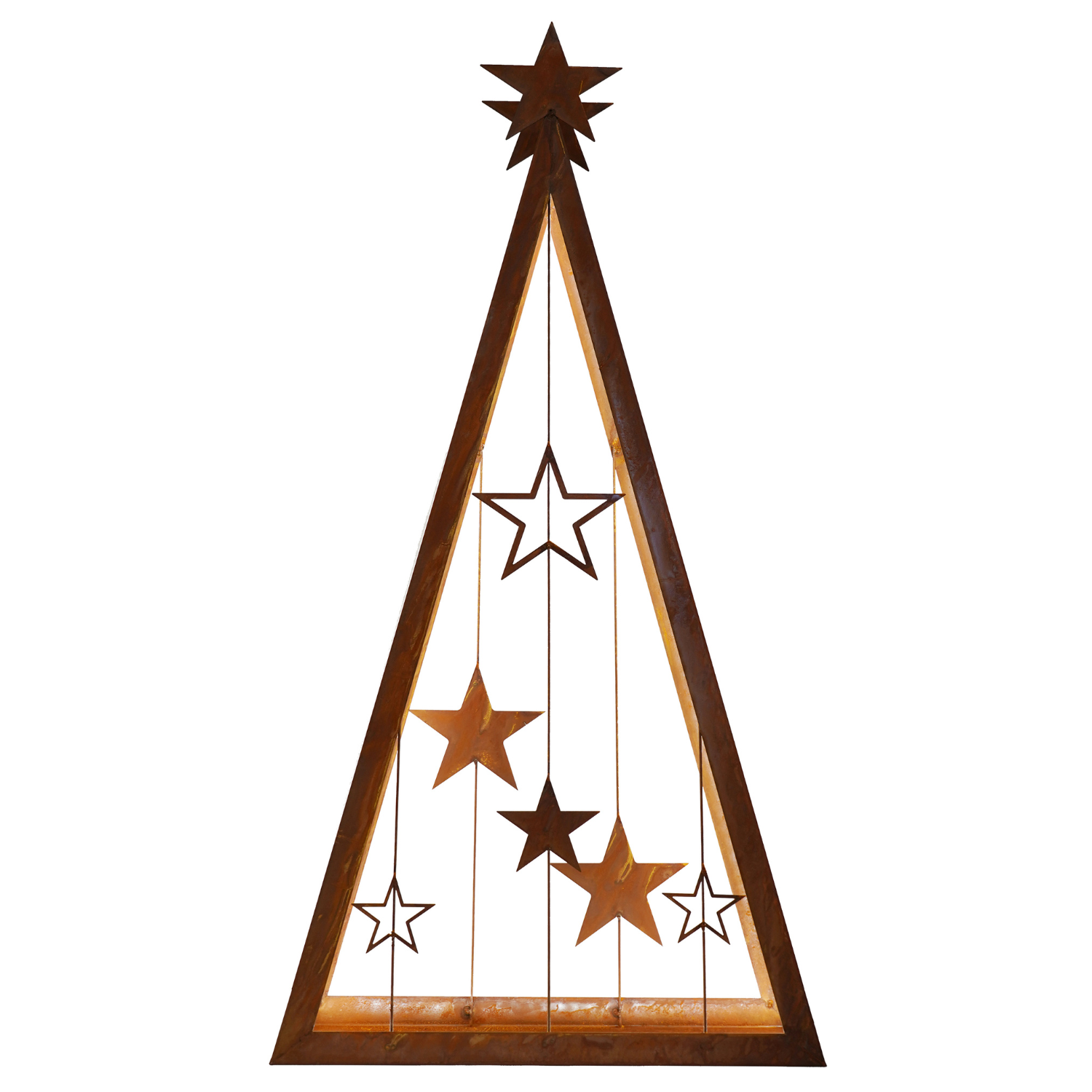 Der dreiecke Edelrost-Weihnachtsbaum mit Sternen auf weißem Hintergrund.