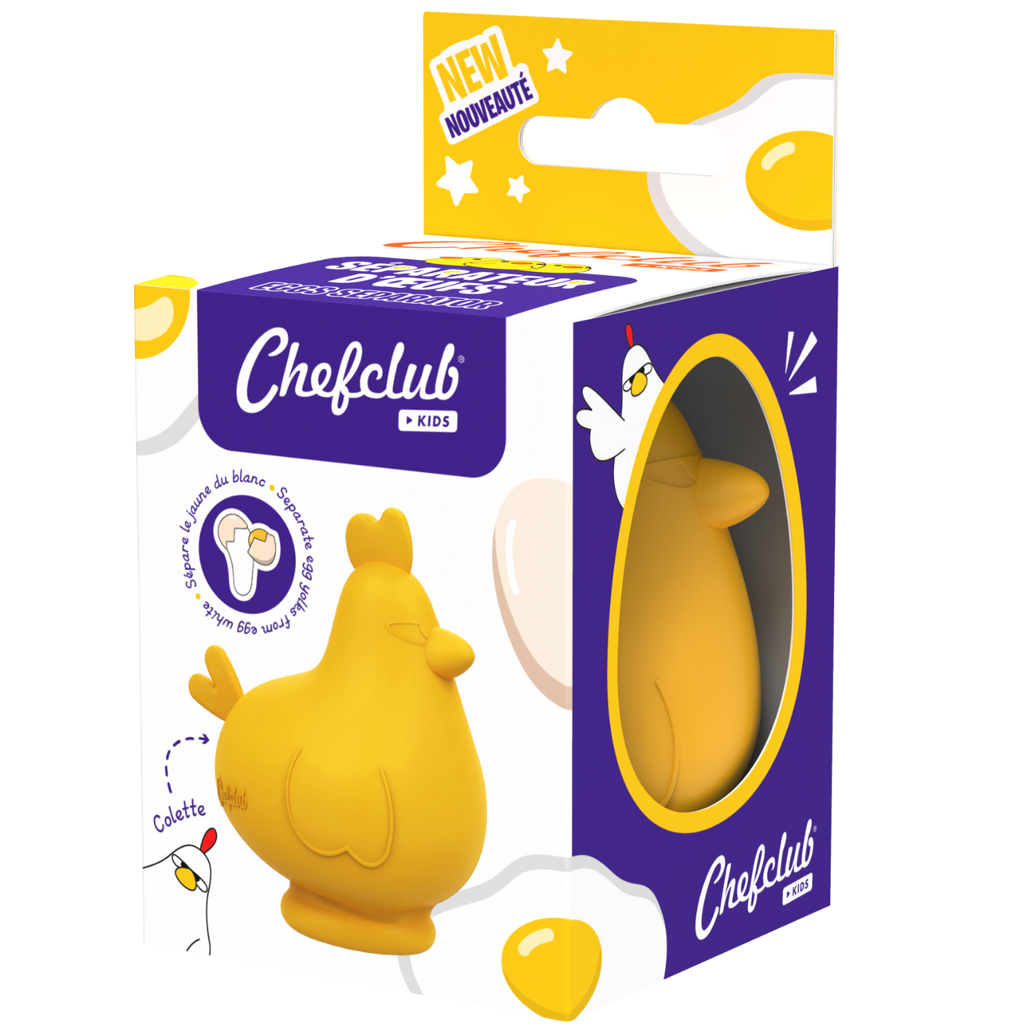 Gelber Eitertrenner von Chefclub in der Produktverpackung auf weißem Hintergrund