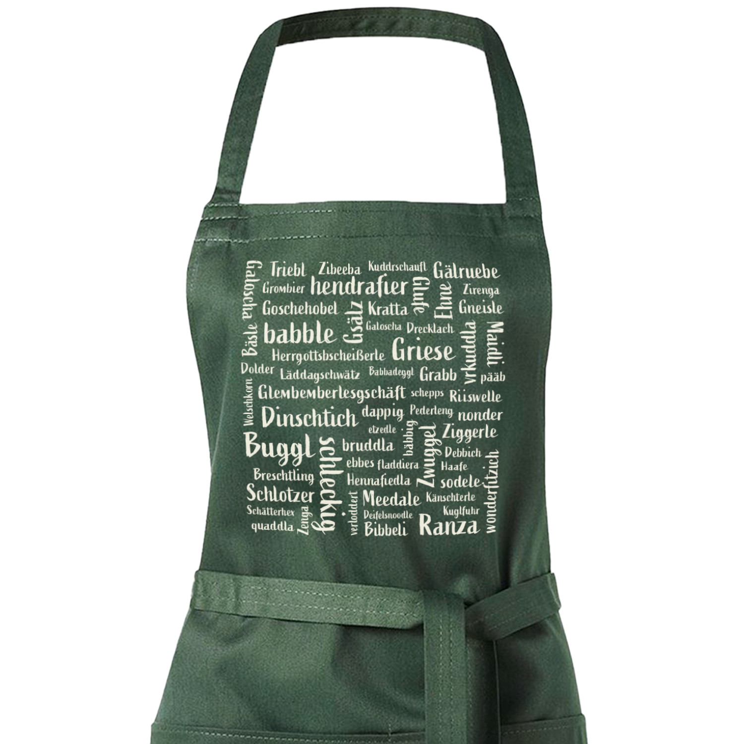 Dunkelgrüne Latzschürze bedruckt mit Mundart-Begriffen auf der Brust.