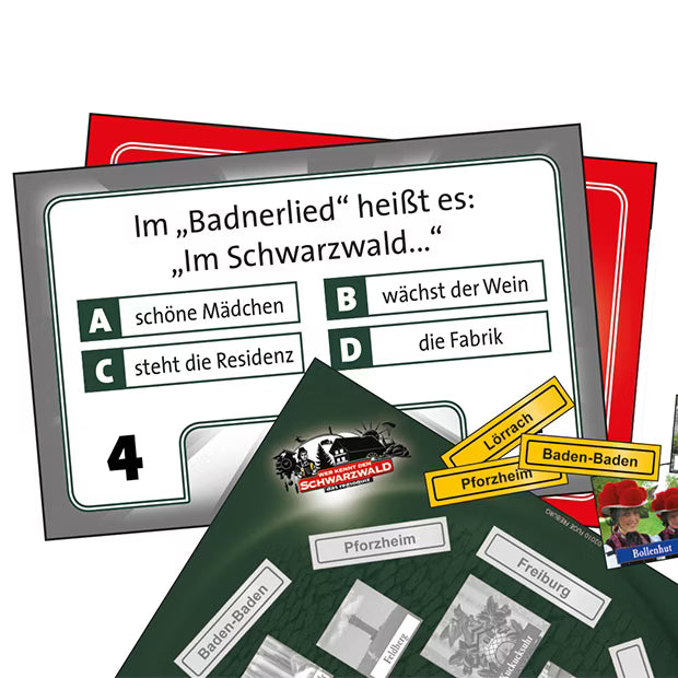Das Schwarzwaldspiel „Wer kennt den Schwarzwald?“ ist eine grüne Brettspielbox mit Schwarzwald-Motiven – mit diesem Quiz in limitierter Auflage können Sie die Wunder der Region mit spannenden Fragen erkunden.