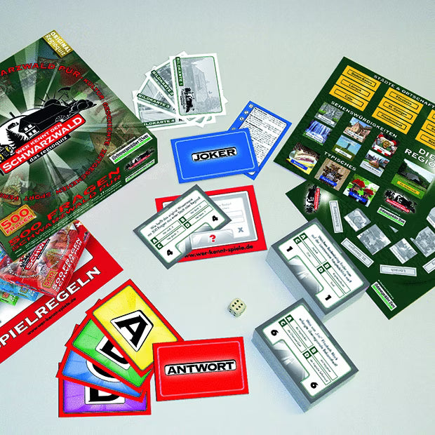 Das Schwarzwaldspiel „Wer kennt den Schwarzwald?“ ist eine grüne Brettspielbox mit Schwarzwald-Motiven – mit diesem Quiz in limitierter Auflage können Sie die Wunder der Region mit spannenden Fragen erkunden.