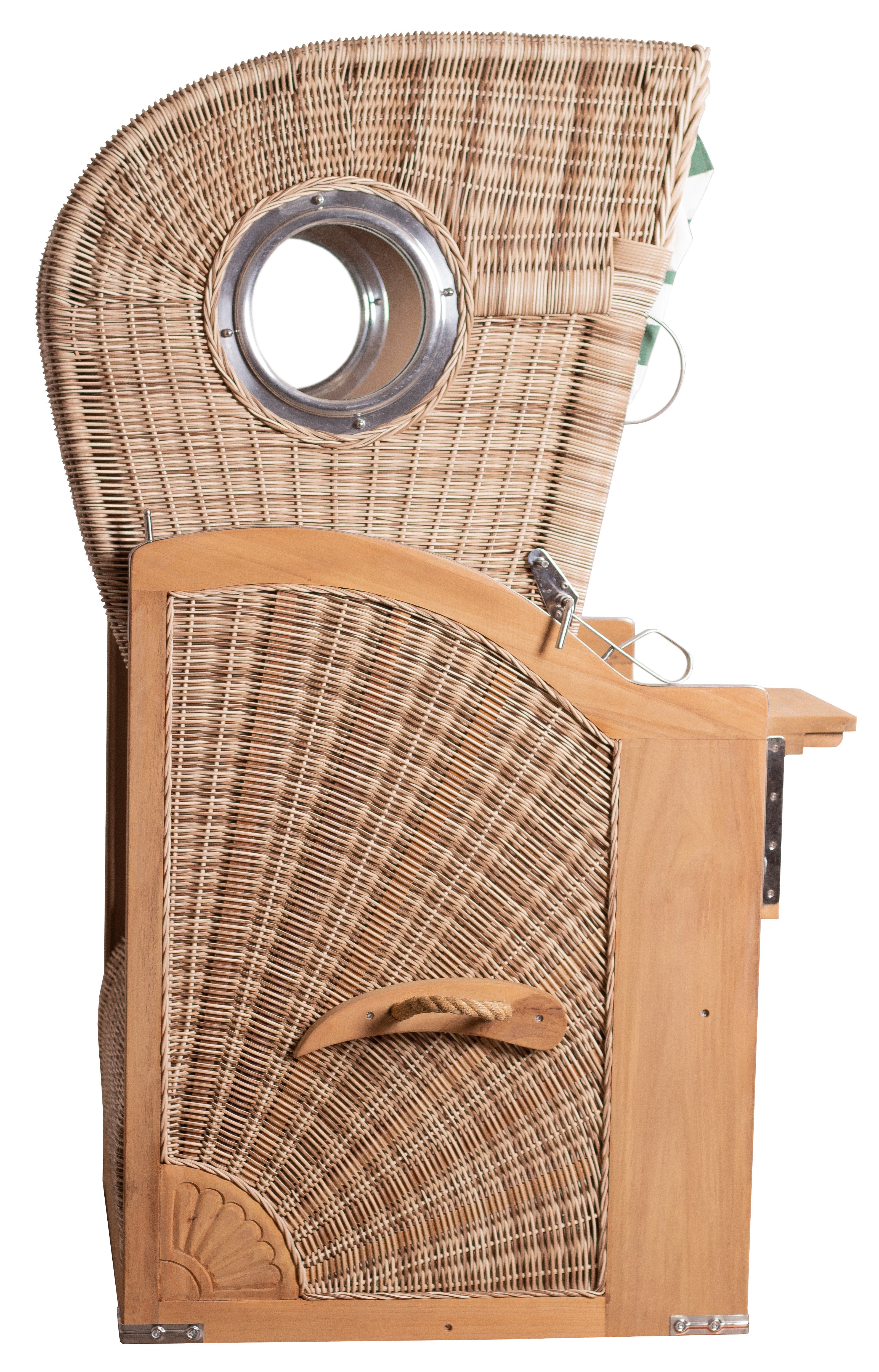 Seitenansicht des Strandkorbs 1-Sitzer grau mit Nadelstreifen, mit stabilem Teakholzrahmen und rundem Fenster – ideal als klassisches Outdoor-Möbelstück zum stilvollen Entspannen.