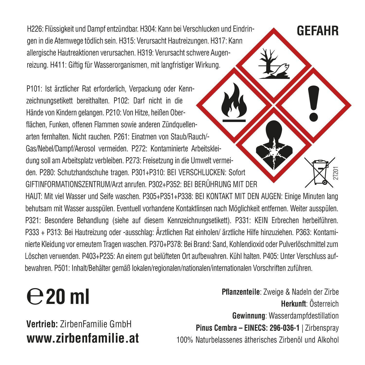 Etikett mit Gefahrensymbolen, Sicherheitshinweisen und Produktinfos für ZirbenSpray 20 ml von der ZirbenFamilie GmbH – ideal zur Raumlufterfrischung.