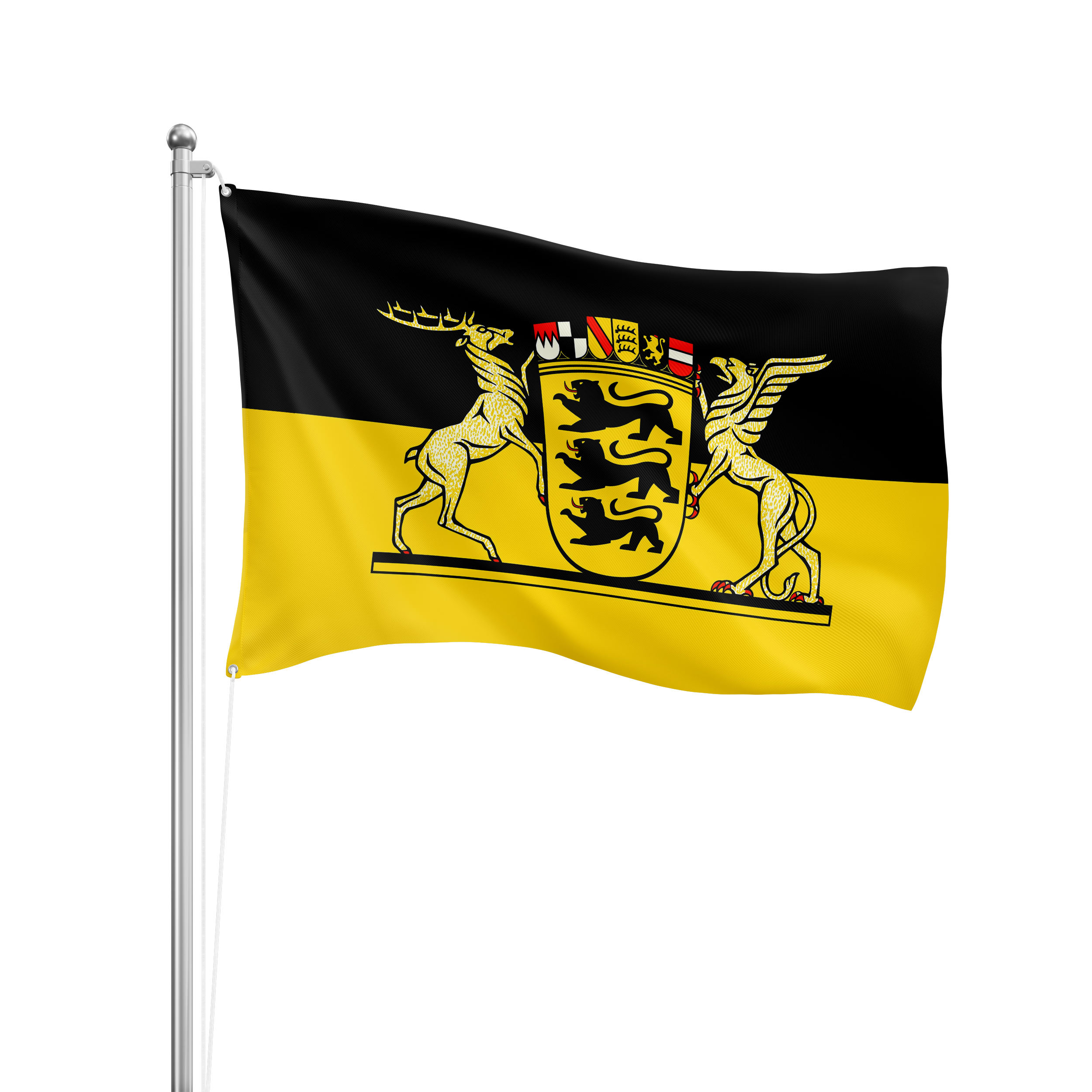 Die schwarz-goldene Landesflagge Baden-Württembergs mit Hirsch, Löwe und Greif als Wappen ist ein beliebtes Motiv im Baden-Württemberg-Quiz und somit perfekt für jedes Heimat-Quiz oder regionale Wissensspiel.