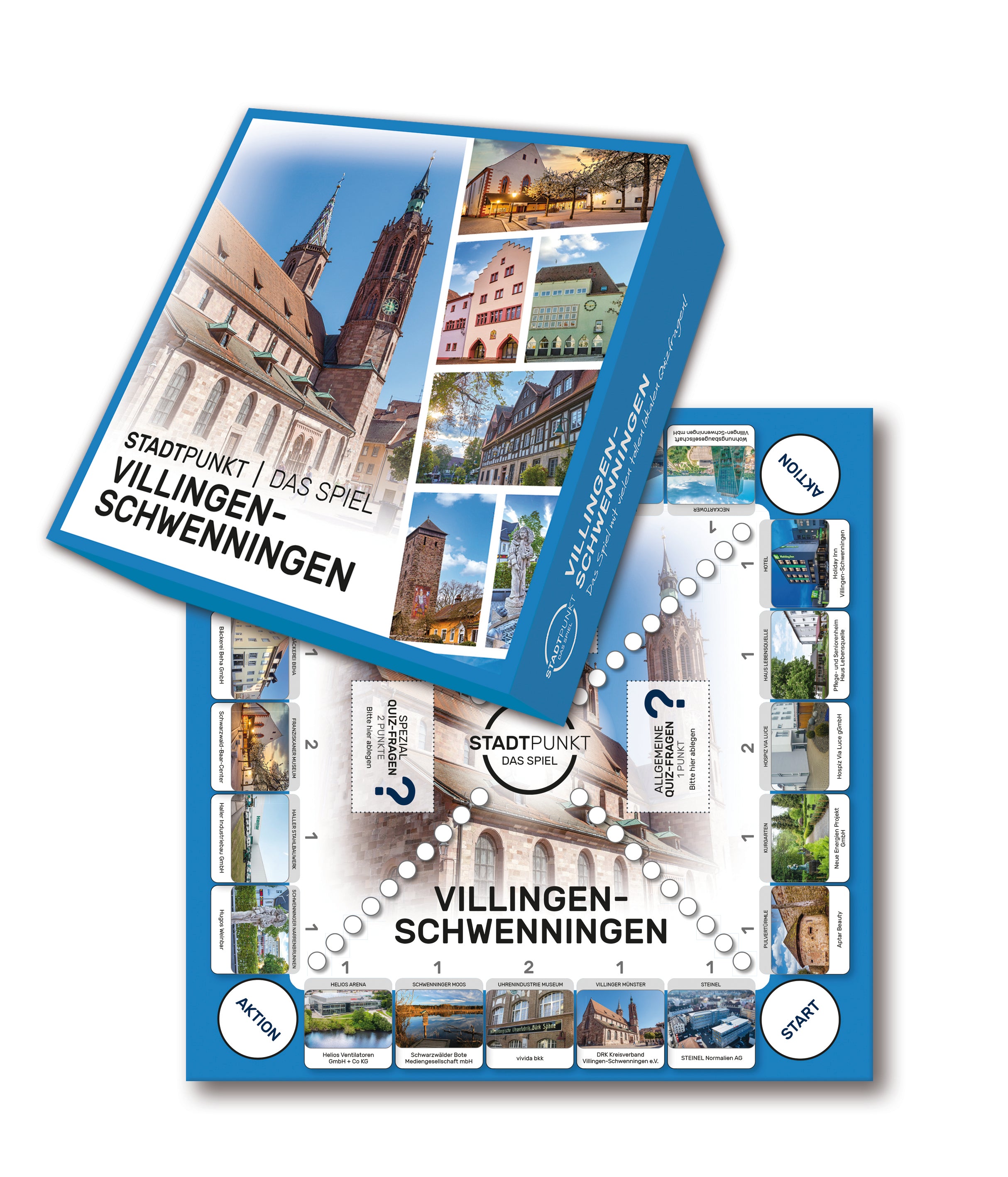 Das Spiel STADTPUNKT Villingen-Schwenningen auf weißem Hintergrund. Die Verpackung zeigt verschiedene Sehenswürdigkeiten aus Villingen-Schwenningen. Zudem sieht man das Spielbrett.