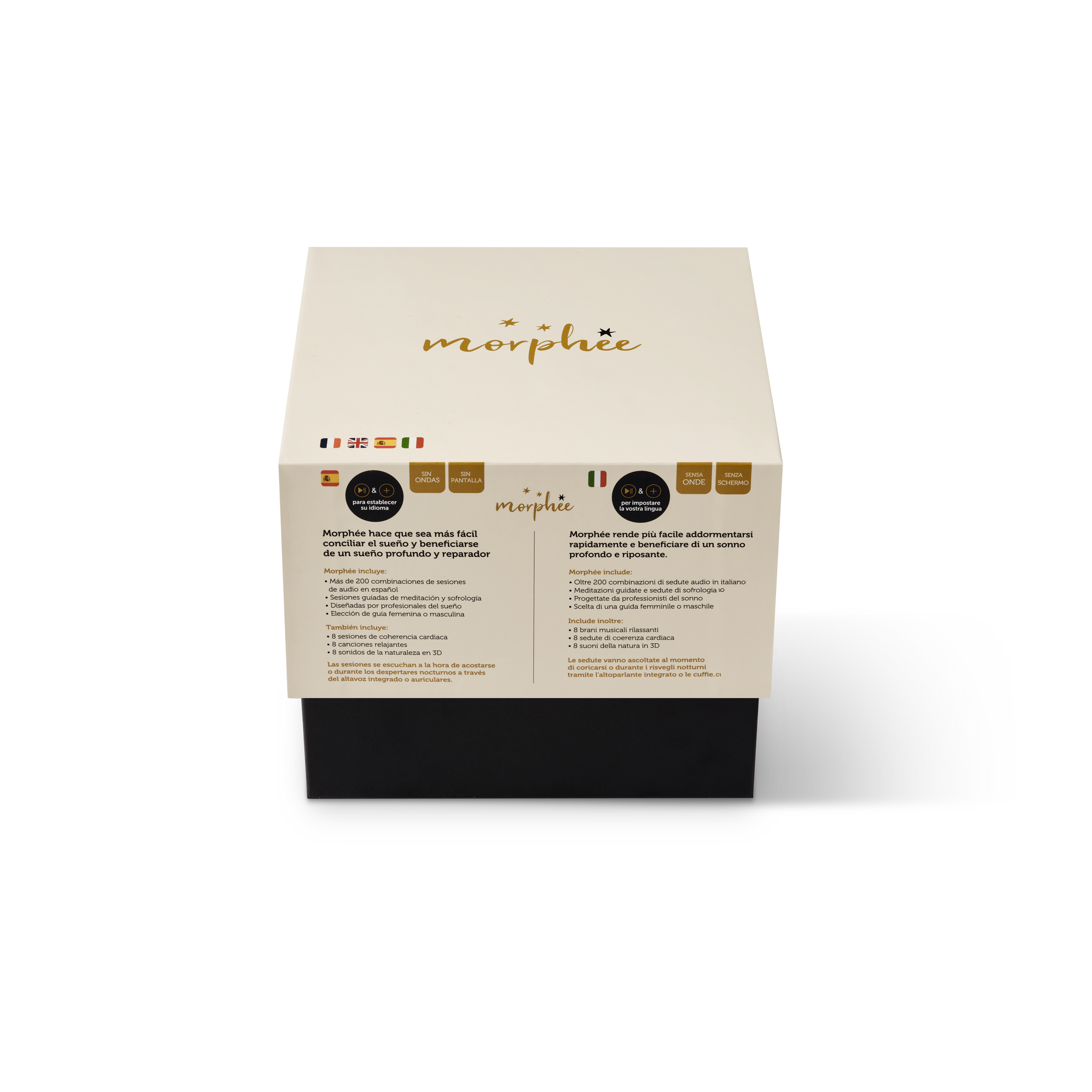 Verpackung des Morphee Meditationsgeräts auf weißem Hintergrund