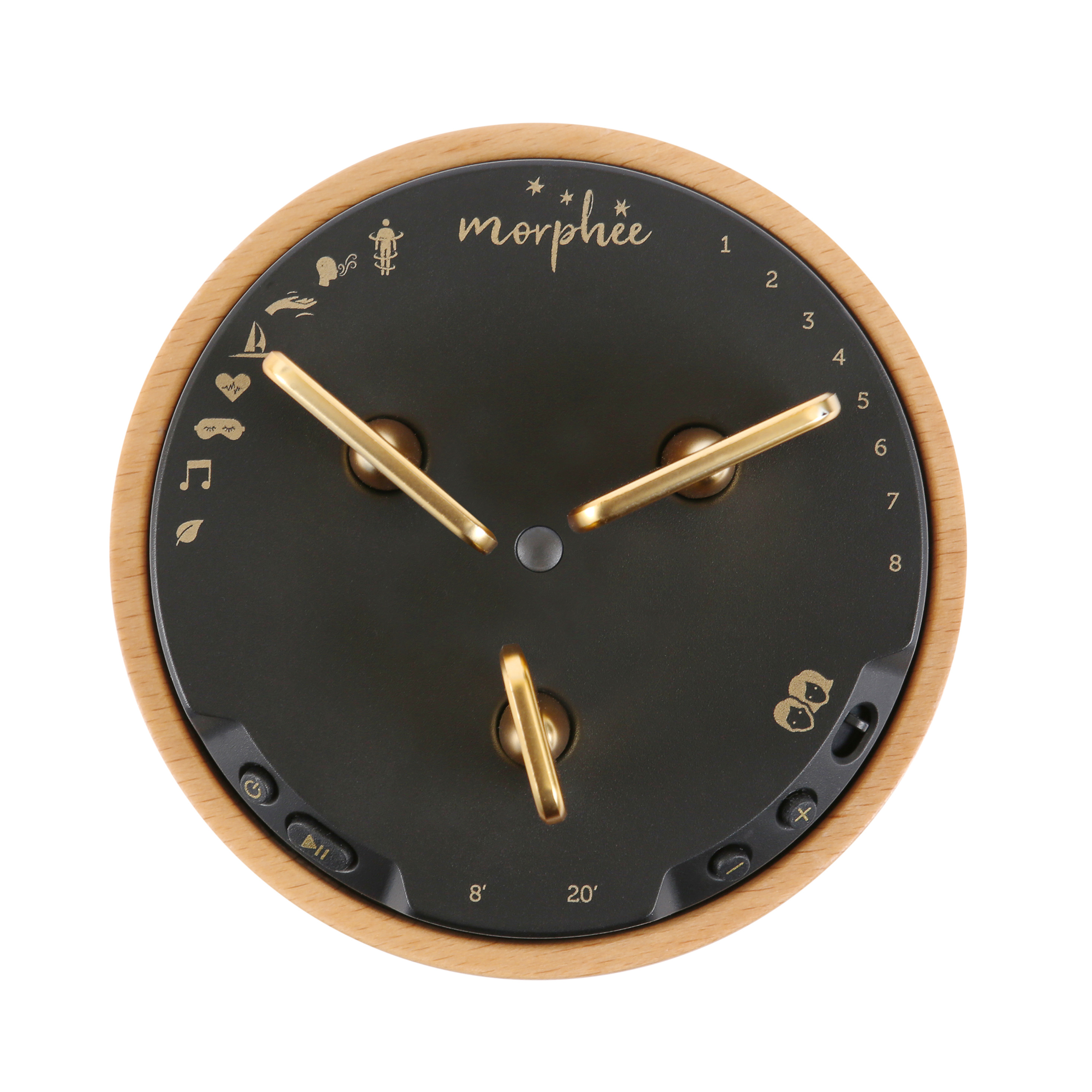 Morphe Meditationsgerät mit goldenen Akzenten und schwarz-brauner Verkleidung