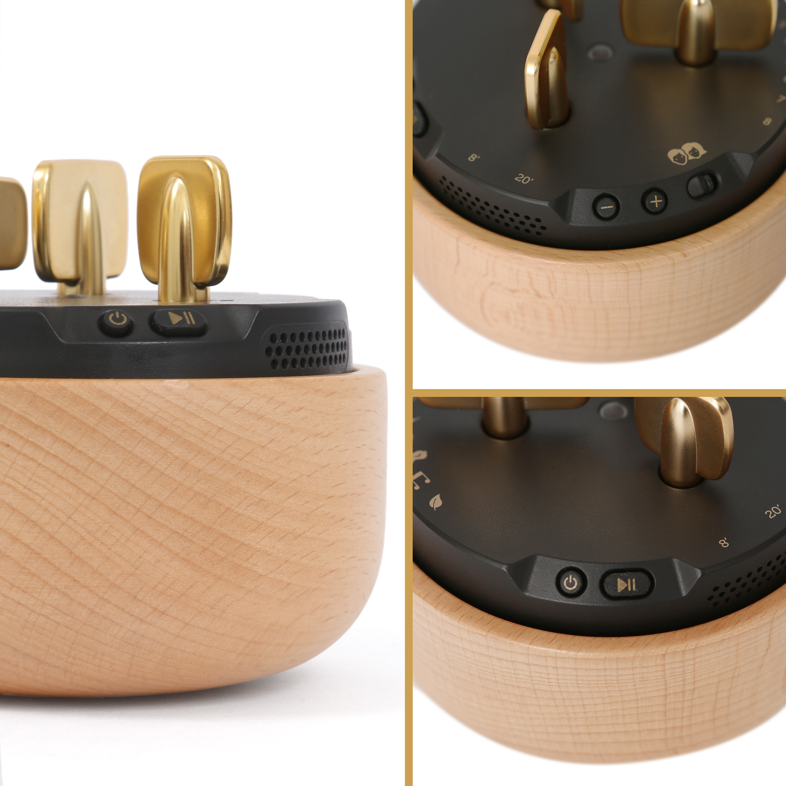 Morphe Meditationsgerät mit goldenen Akzenten und schwarz-brauner Verkleidung