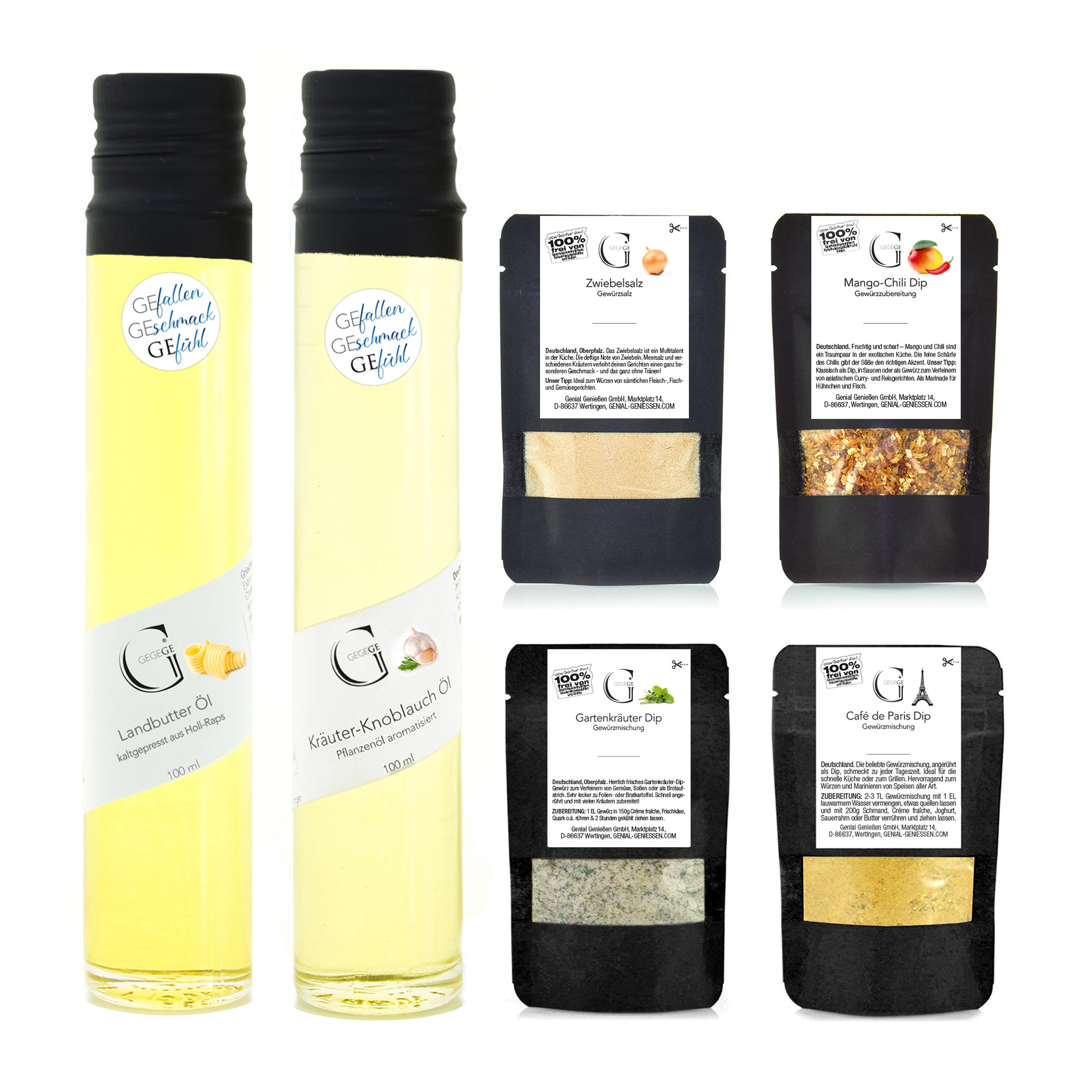 Entdecken Sie unser Raclette-Genuss Geschenkset: Sechs Gourmet-Dip Gewürzpäckchen und zwei Flaschen Öl, liebevoll arrangiert auf weißem Hintergrund – perfekt für Ihren nächsten Raclette-Abend.