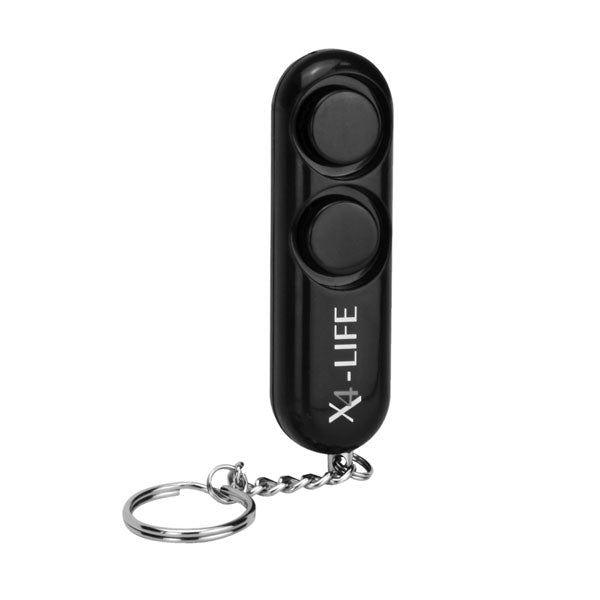 Der Taschenalarm ist ein schwarzer persönlicher Sicherheitsalarm-Schlüsselbund mit X4-LIFE-Logo, stabiler Metallkette für Ihren Schlüsselbund, einer lauten 120-dB-Sirene und mitgelieferten Batterien.