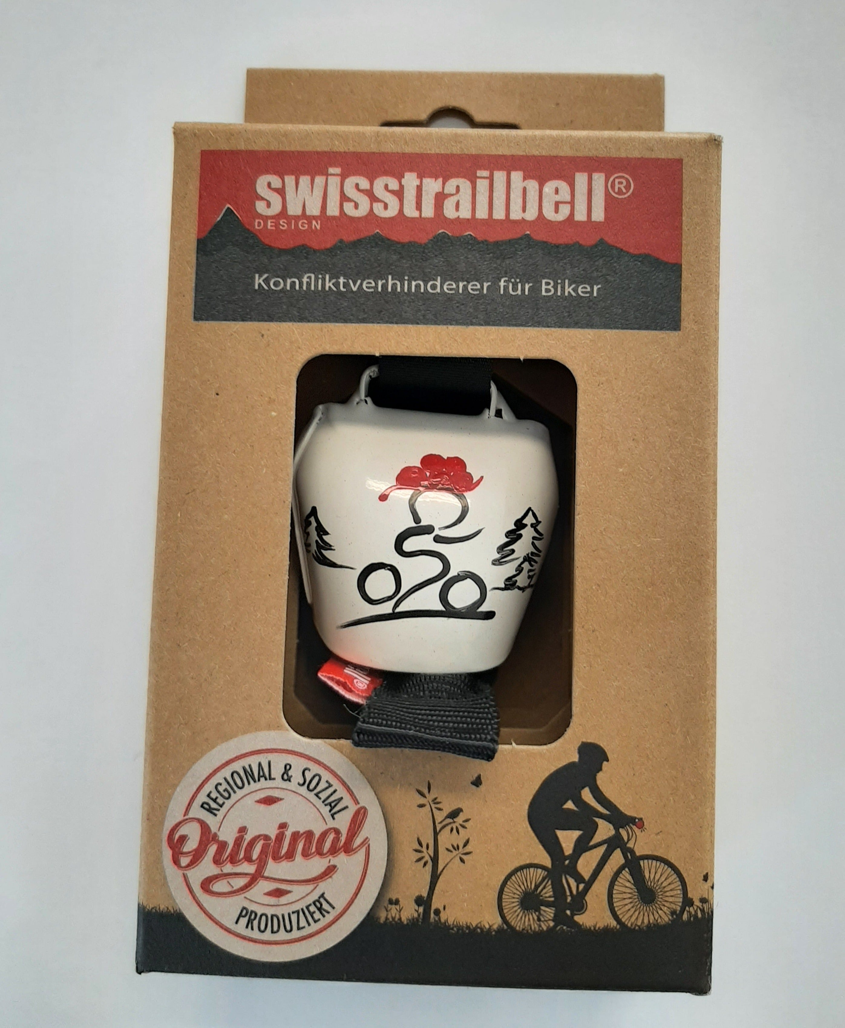Die Fahrradglocke swisstrailbell® im Mountainbiker-Design wird in Kartonverpackung mit Original-Label geliefert – echte Handarbeit für passionierte Radfahrer.