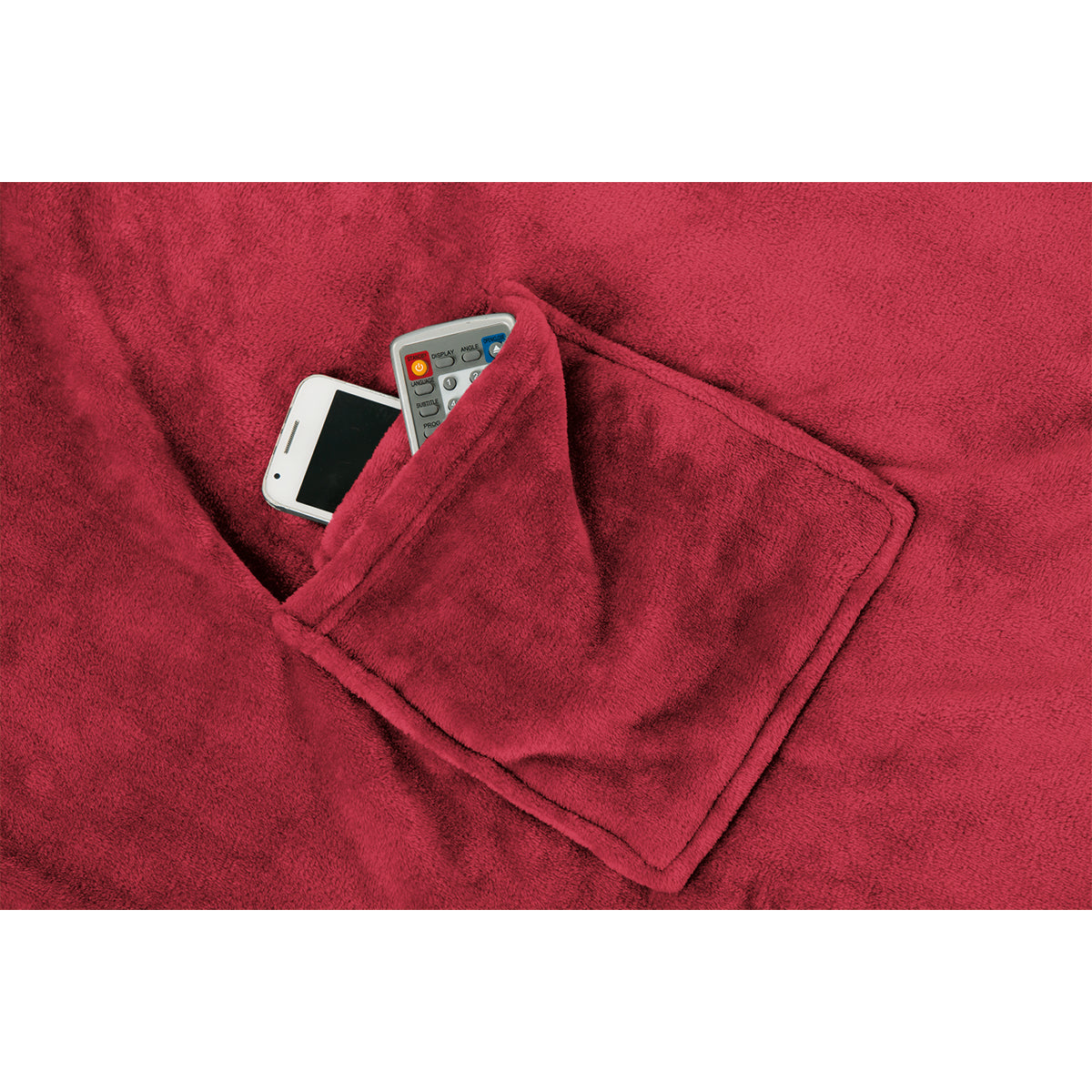 Die Ärmeldecke ist eine rote Mikrofaserdecke mit Ärmeln und einer Tasche für Ihr Smartphone und Ihre TV-Fernbedienung und bietet ultimativen Komfort.