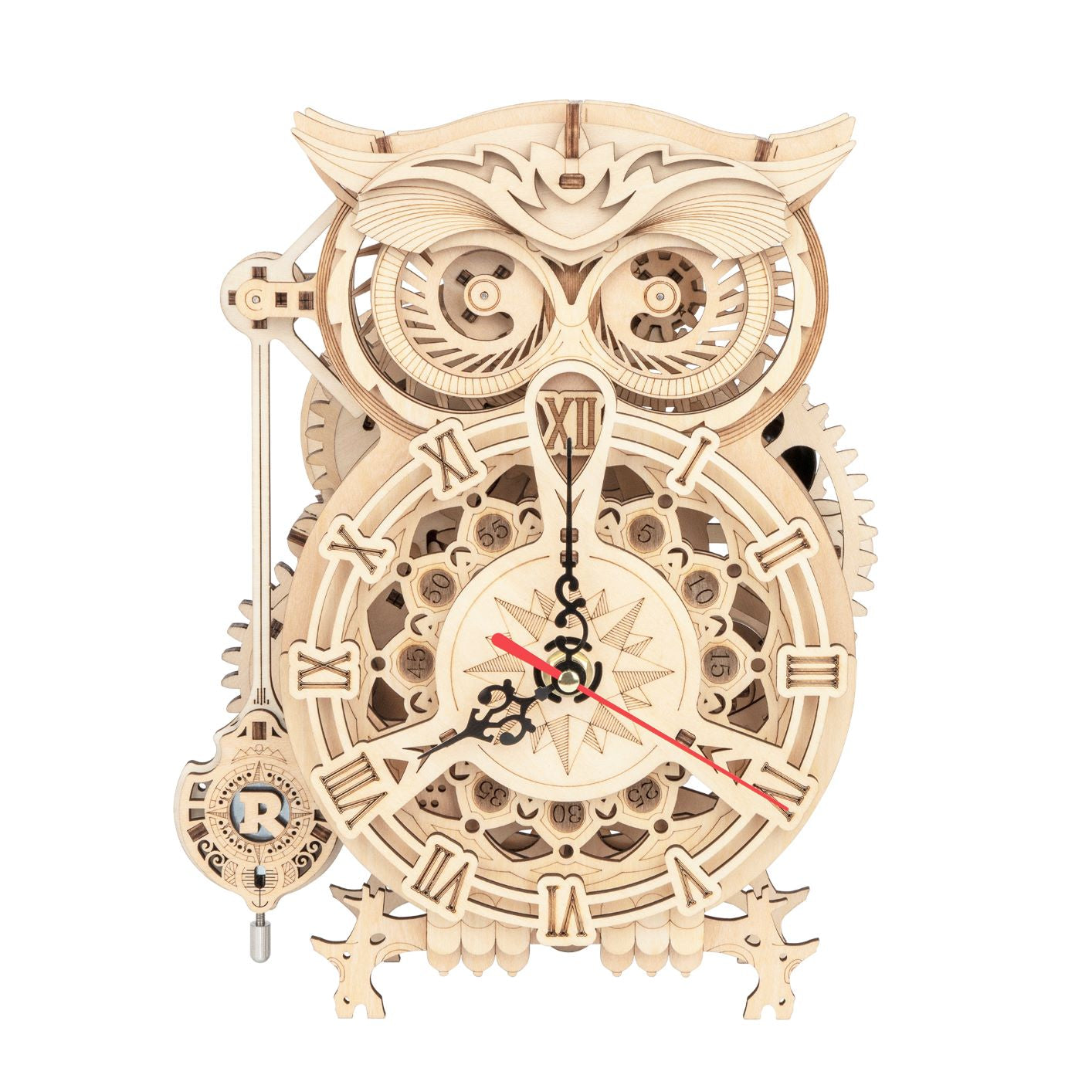 Das 3D-Holzpuzzle „Eulen Puzzle“ ist eine bezaubernde Holzuhr in Eulenform mit römischen Ziffern, sichtbaren Zahnrädern, schwingendem Pendel und zuverlässigem Quarz-Uhrenwerk für präzise Zeitmessung.