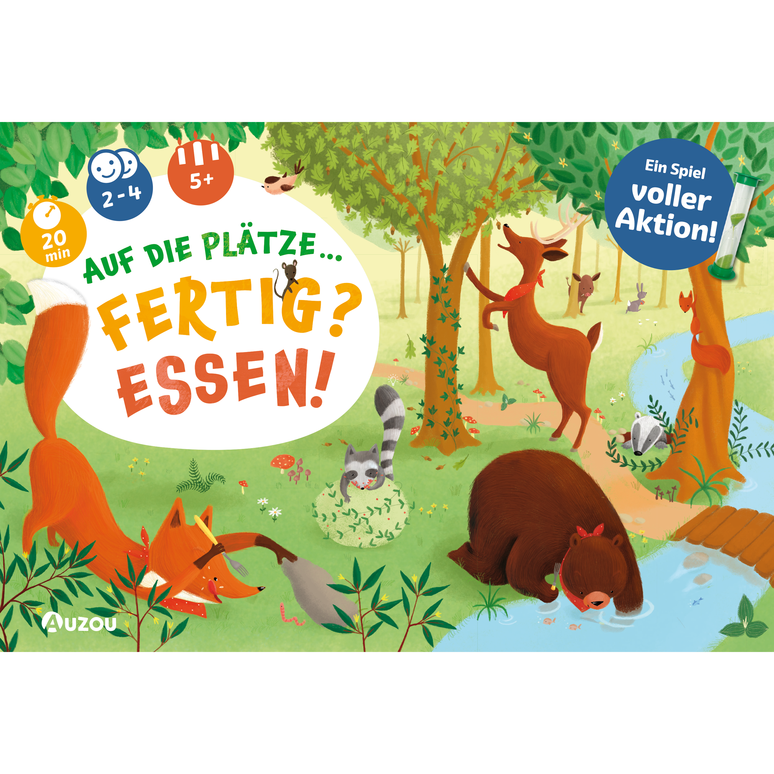 Bunte Illustration von Waldtieren, die an einem Bach fressen, mit dem deutschen Spiel „Auf die Plätze! Fertig? Essen!“ mit spielerischer Grafik und Tipps zum Lösen von Aufgaben (Aufgaben lösen) und zum Sammeln von Himbeeren (Himbeeren gewinnen).