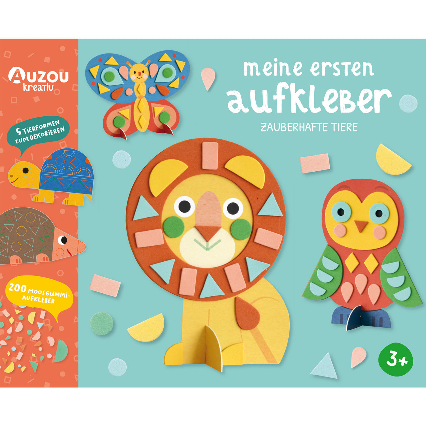 Meine ersten Aufkleber - Zauberhafte Tiere: Bunte Schaumstoffsticker mit niedlichen Tieren wie Löwe, Eule, Schmetterling und Schildkröte auf türkisfarbenem Hintergrund.