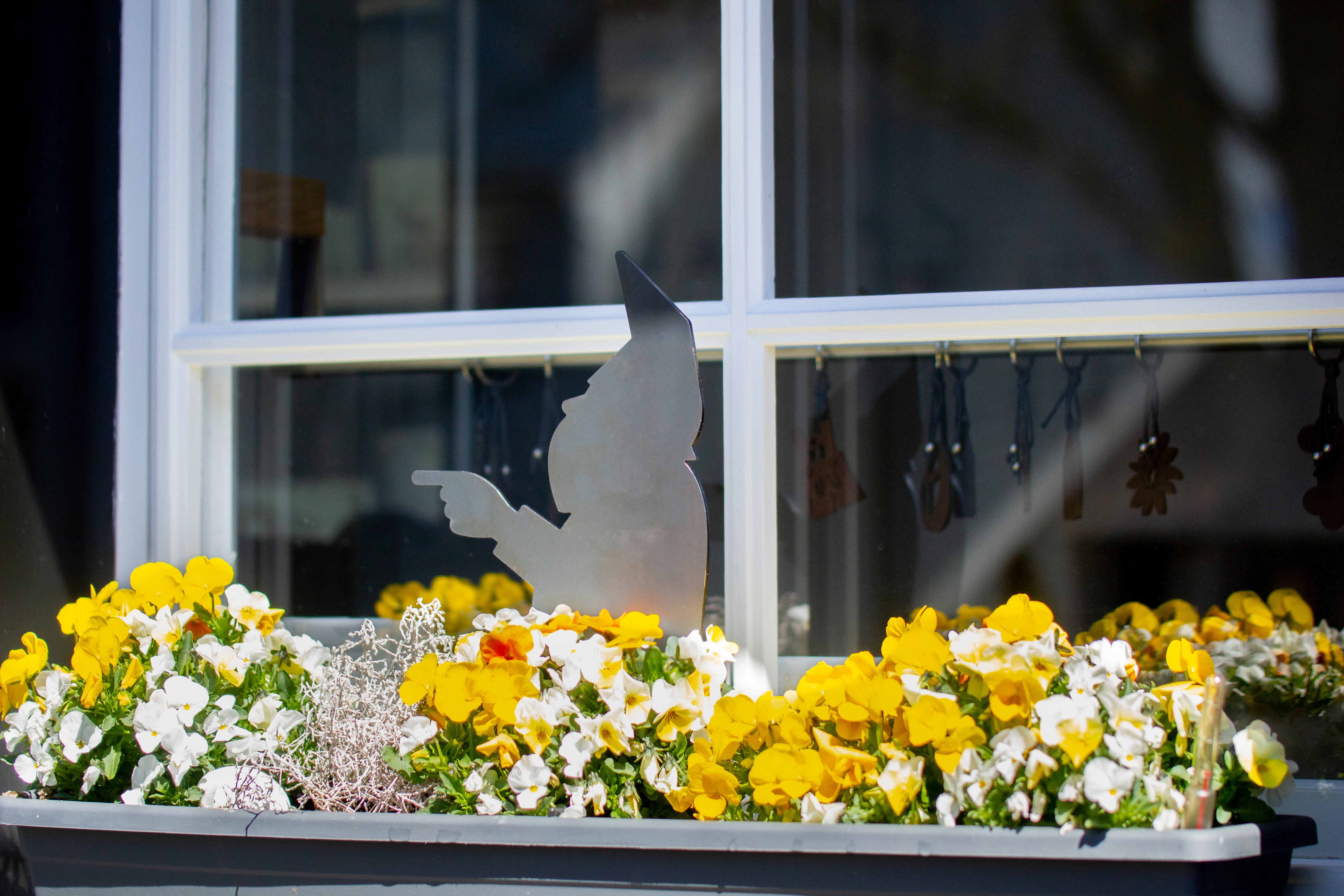 Der Gartenzwerg aus Stahl bringt mit seinem Metall-Silhouetten-Design zwischen gelben und weißen Blumen im Fensterkasten unter sonnigem Fenster verspielten Charme in deine Sammlung von Gartenfiguren.