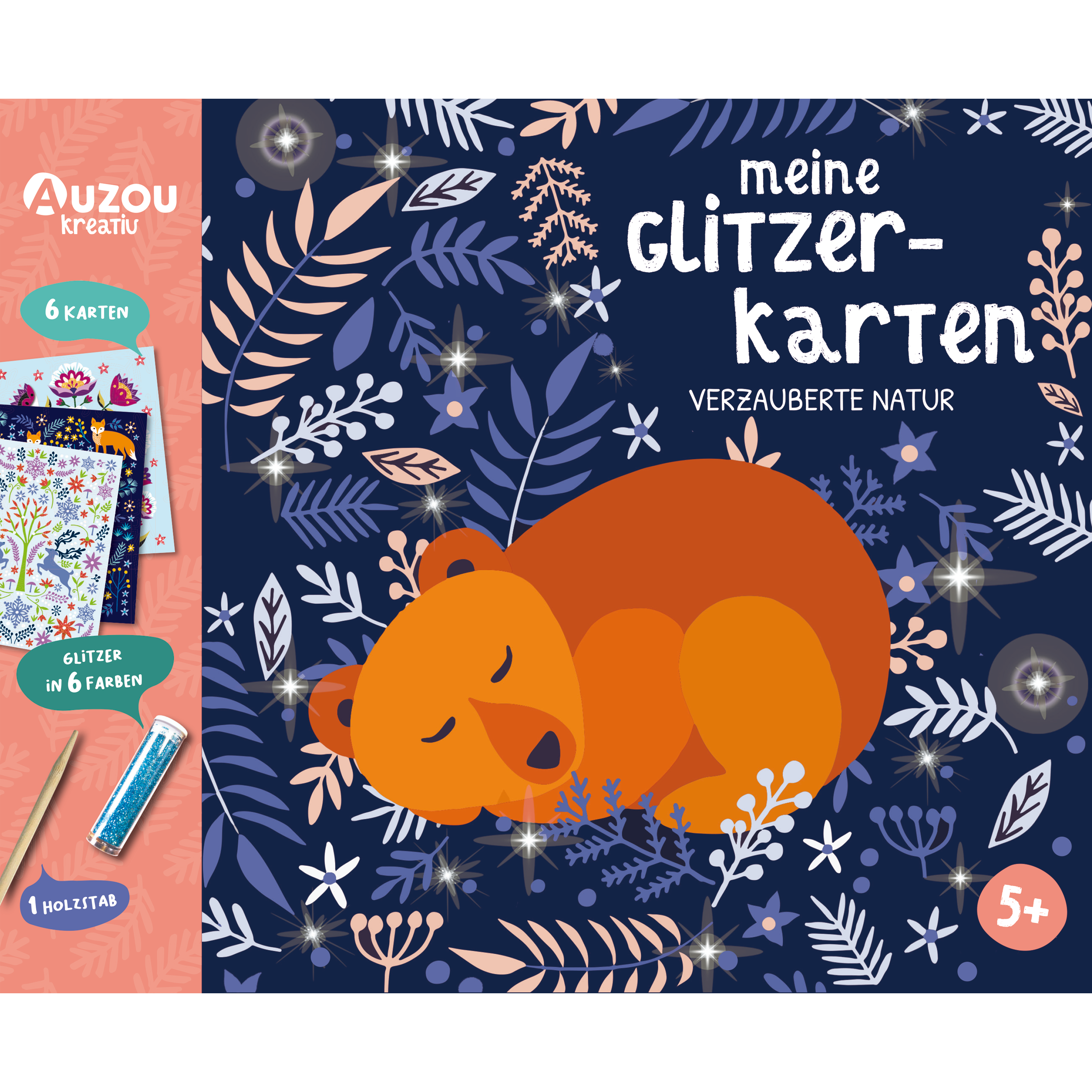 Ein schlafender orangefarbener Bär, umgeben von Blumen und Pflanzen auf dunkelblauem Hintergrund, inspiriert von Meine Glitzerkarten – Verzauberte Natur.