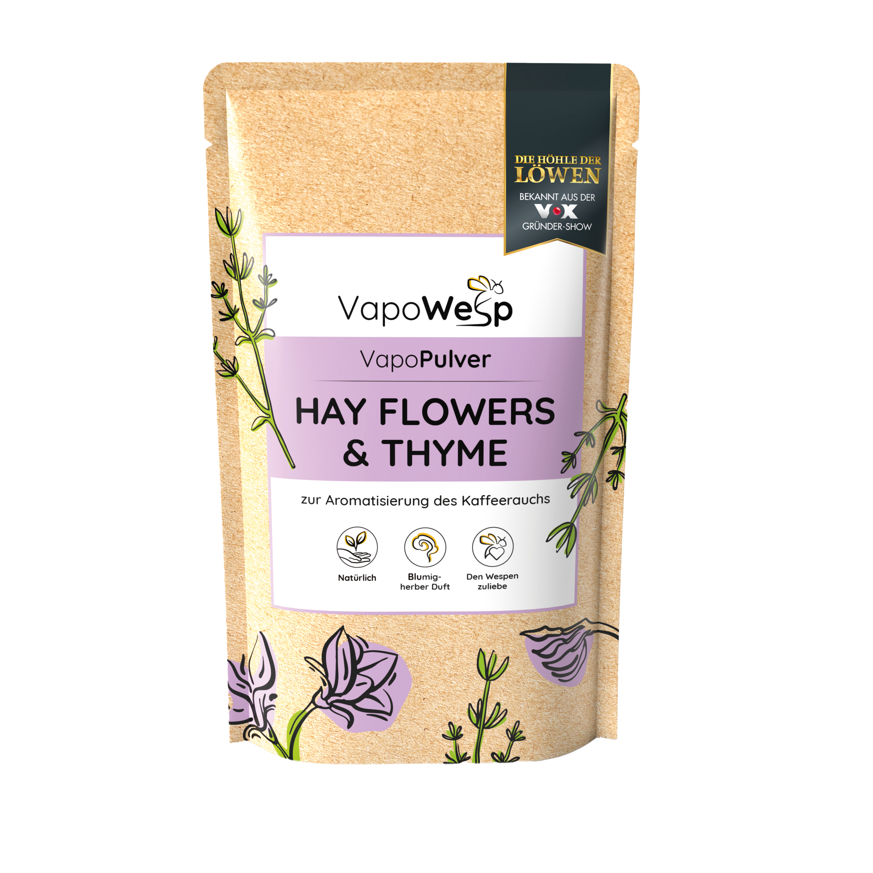 Eine braune VapoWesp Kräutermischungen Räucherbox mit der Aufschrift Heublumen & Thymian und dekoriert mit grünen und violetten Blumen bietet natürlichen Duft, um Wespen zu vertreiben.