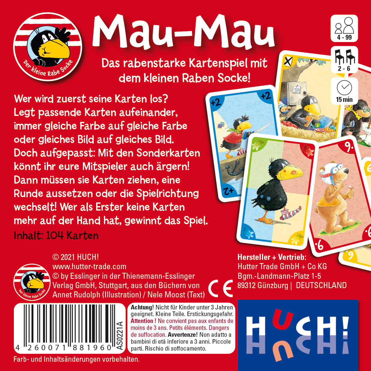 Leuchtend rote Box für „Der kleine Rabe Socke – Mau Mau“ mit beliebten Rabe-Socke-Zeichentrickfiguren und deutschen Spieldetails.