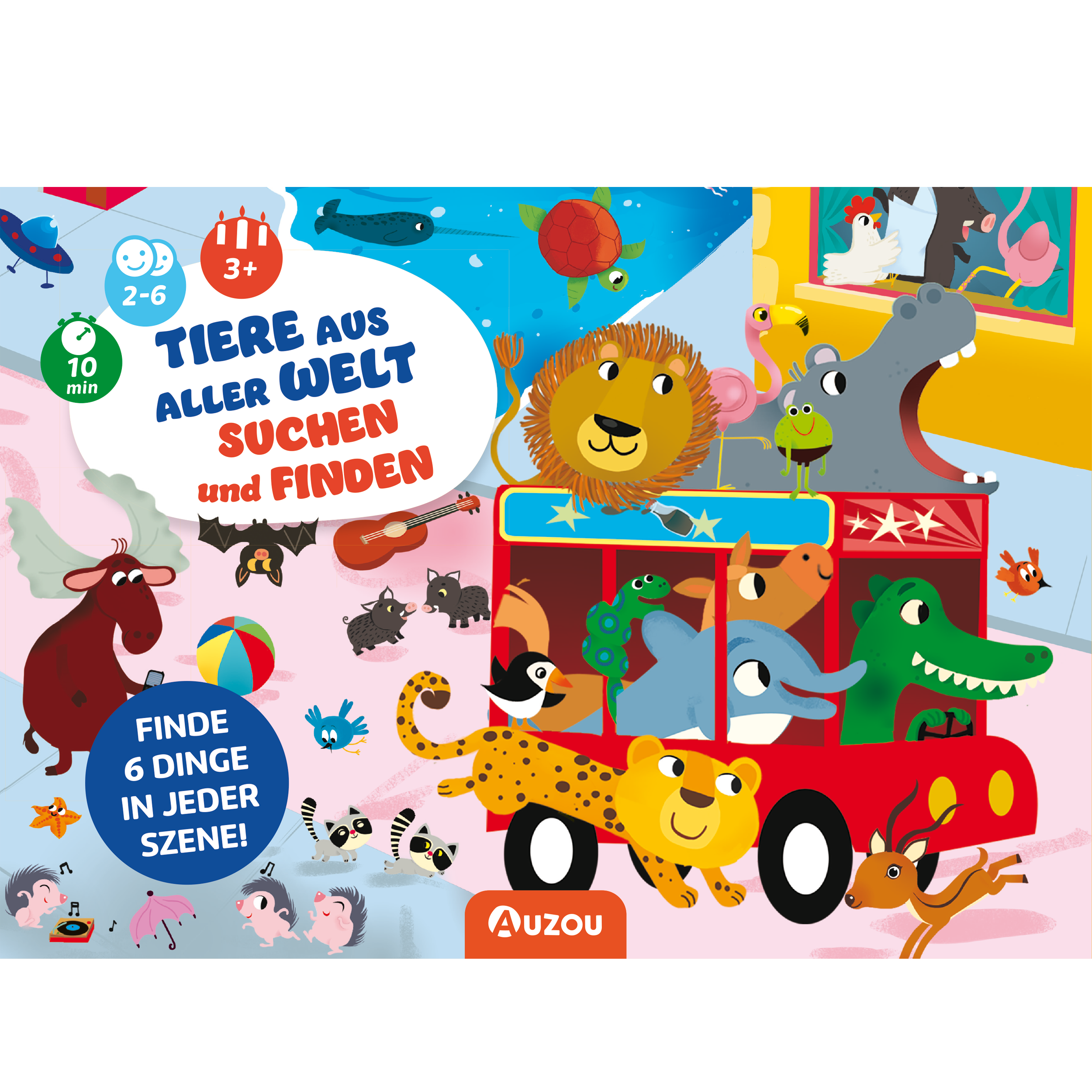 Auf dem Cover von „Tiere aus aller Welt suchen und finden“ fahren farbenfrohe Comic-Tiere in einem roten Bus und laden Kinder auf Deutsch zu einem Spiel voller Bilder und Beobachtung ein, während sie in jeder Szene nach versteckten Dingen suchen.