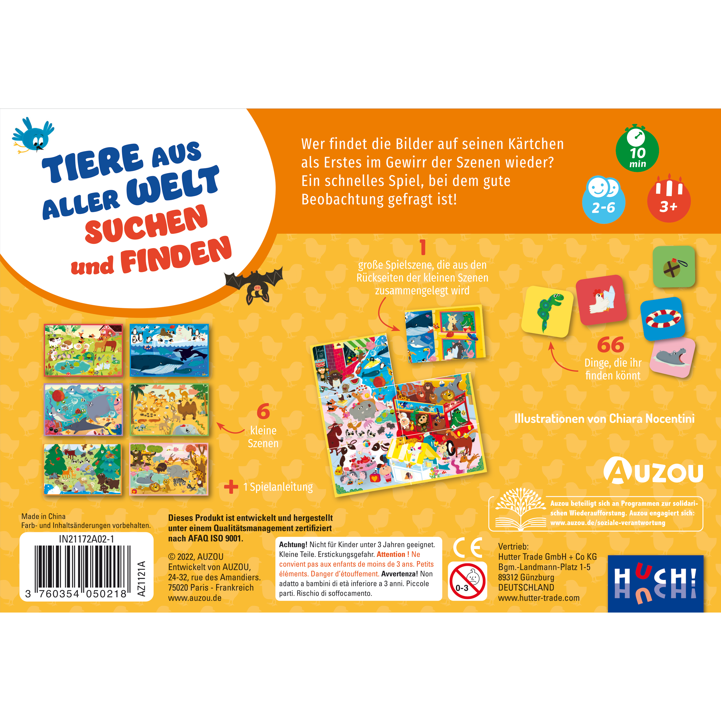 Auf der Rückseite der Spielschachtel „Tiere aus aller Welt suchen und finden“ befinden sich Tierillustrationen, Karten und eine deutsche Anleitung für ein Beobachtungsspiel, bei dem Spieler in farbenfrohen Bildern nach Tieren suchen.