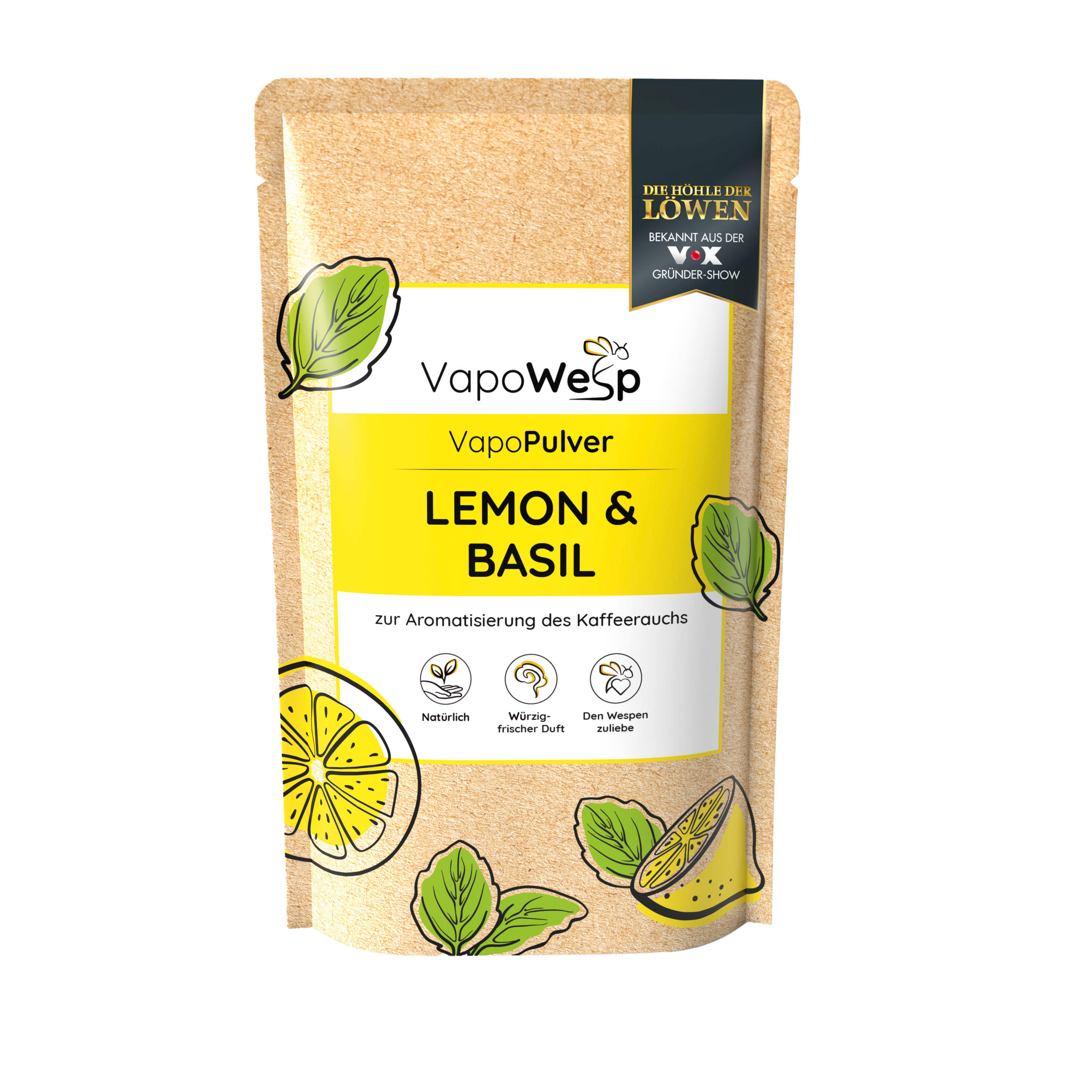 VapoWesp Kräutermischungen: Ein gelb-brauner Beutel mit der Aufschrift Lemon & Basil mit Zitronen- und Basilikum-Motiven, perfekt für die VapoWesp Räucherbox. Genießen Sie einen natürlichen Duft, um Wespen zu vertreiben.