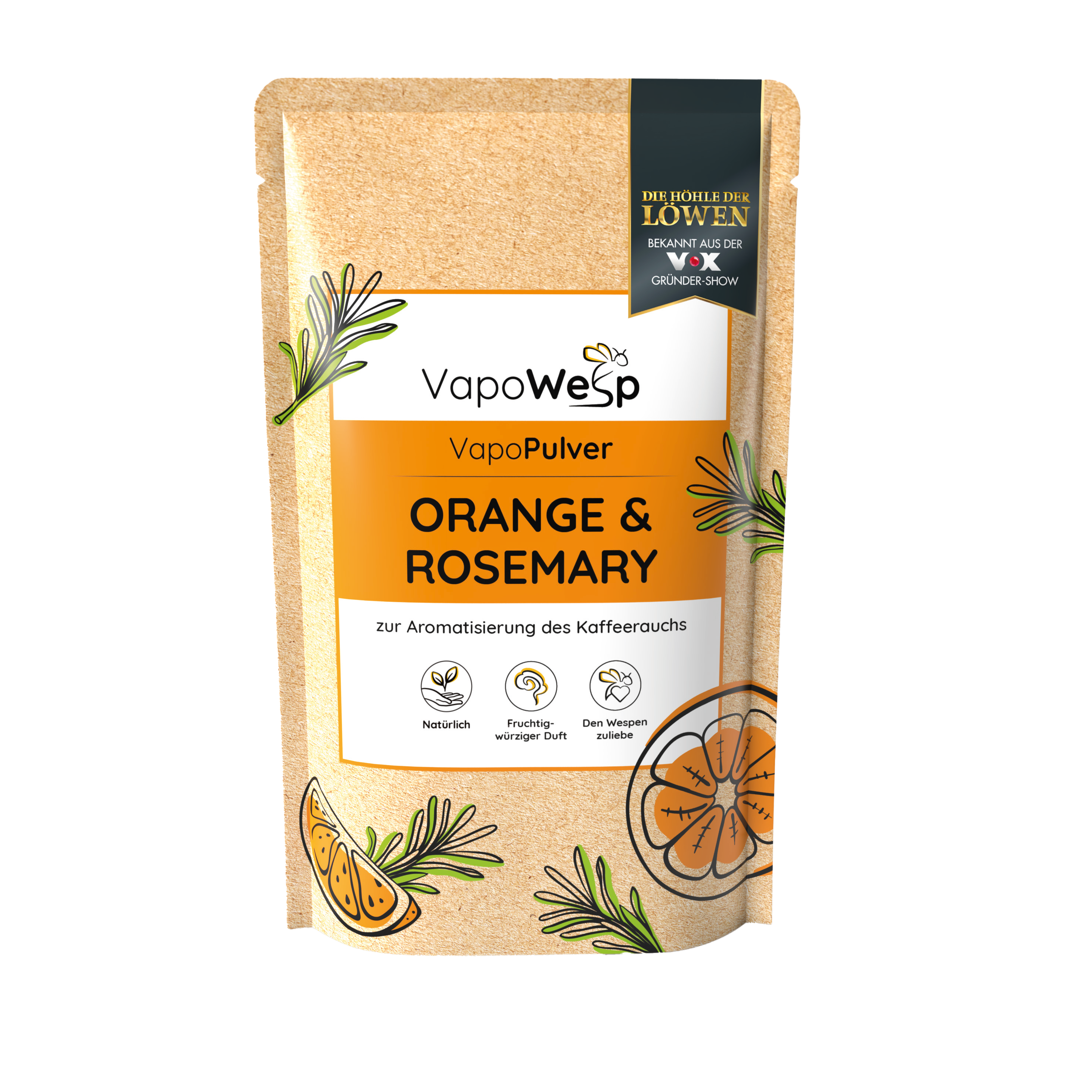 VapoWesp VapoPulver Orange & Rosmarin Aromapulver, mit Orangenscheiben und Rosmarin, eignet sich ideal für Ihre VapoWesp Räucherbox als natürliches Insektenschutzmittel zur Wespenabwehr.