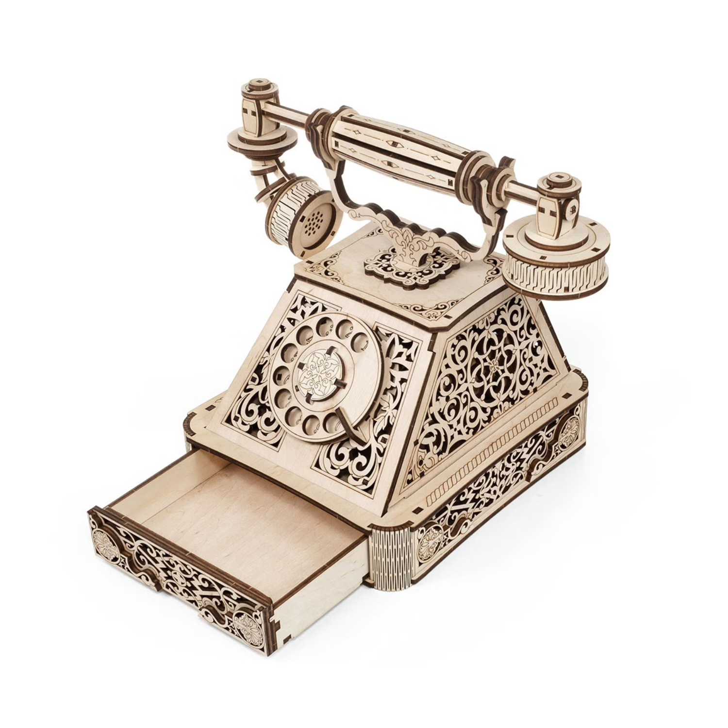 3D Holzpuzzle in Form eines Oldtimer Autos in den Farben Hellbraun und Dunkelbraun