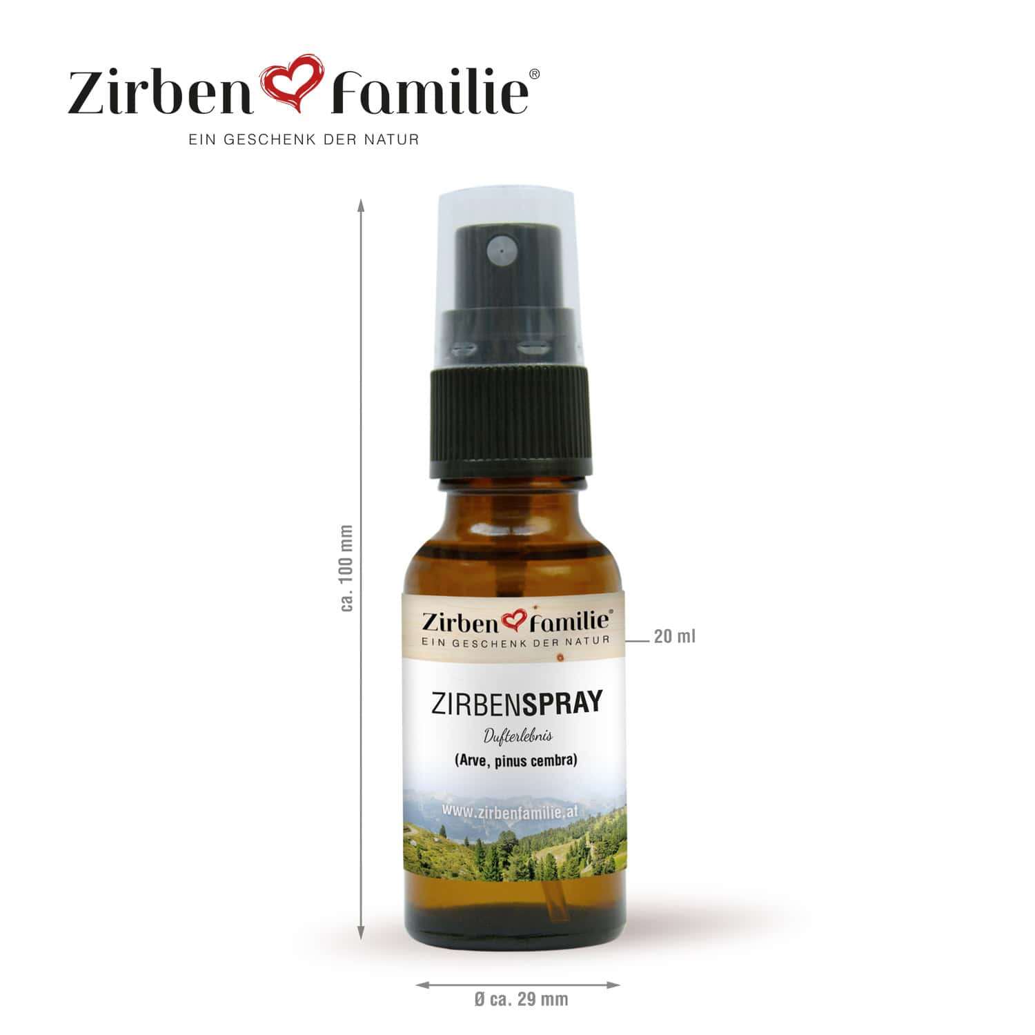 Das ZirbenSpray 20 ml ist eine Braunglasflasche mit schwarzem Sprühverschluss und Dosierstrichen, gefüllt mit natürlichem ZirbenÖl zur angenehmen Raumlufterfrischung.