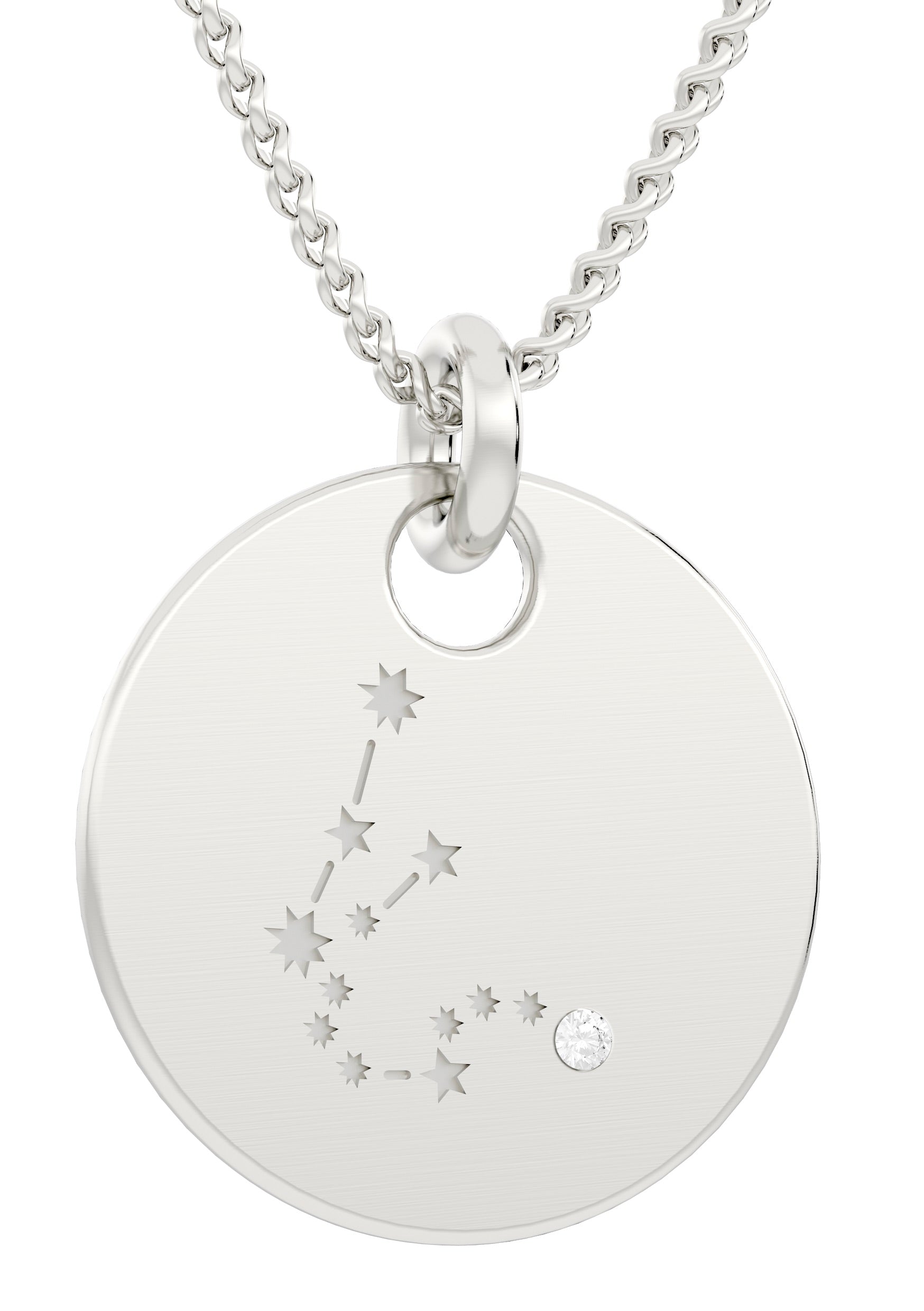 Der Sternbild Kettenanhänger, inkl. Kette, ist eine Halskette aus 925er Silber mit rundem Anhänger, der ein eingraviertes Sternbild und ein kleines Diamant-Detail ziert.