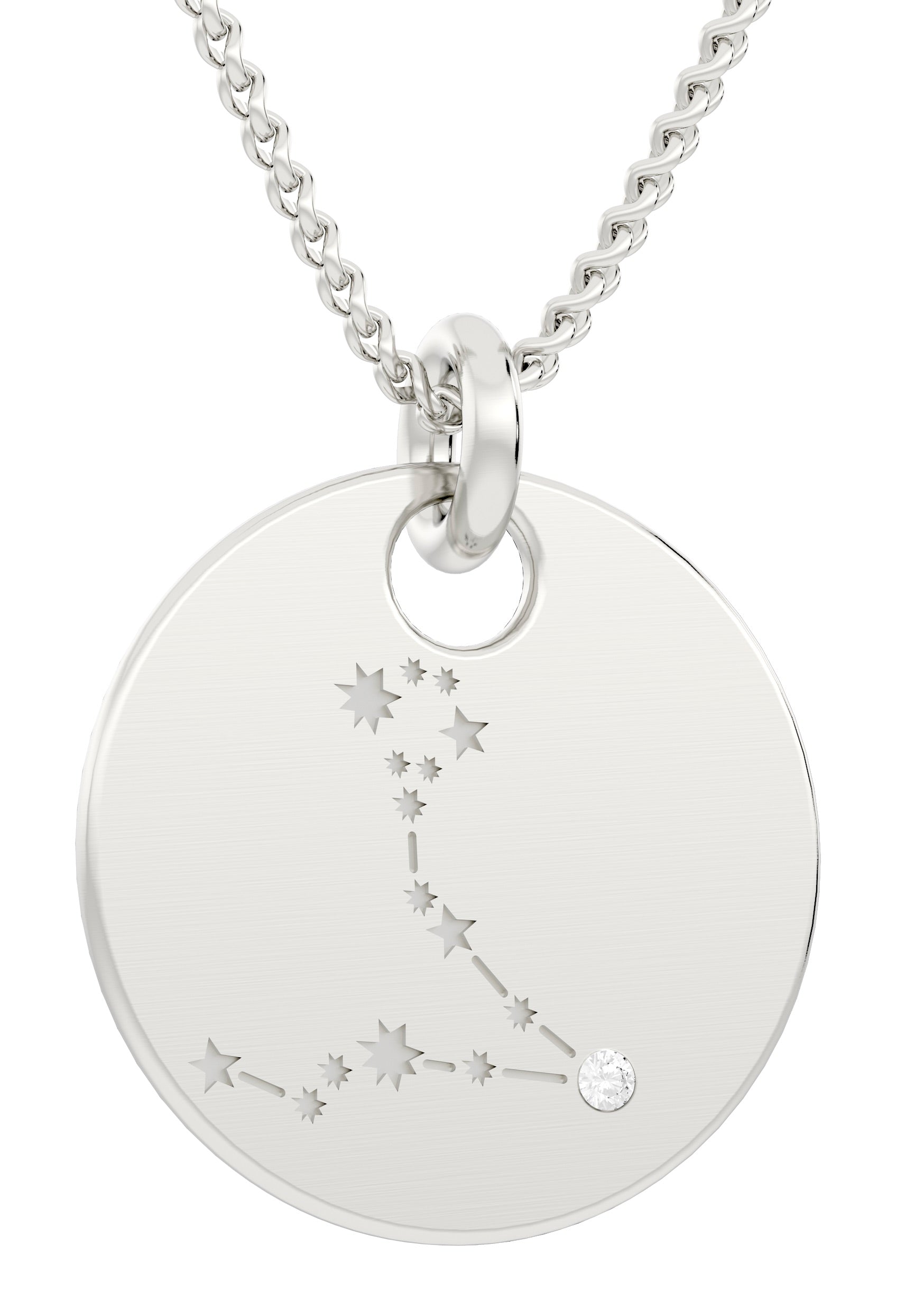 Eleganter Sternbild Kettenanhänger inkl. Kette aus 925er Silber, verziert mit funkelndem Diamant und eingravierter Konstellation auf einer runden Scheibe.