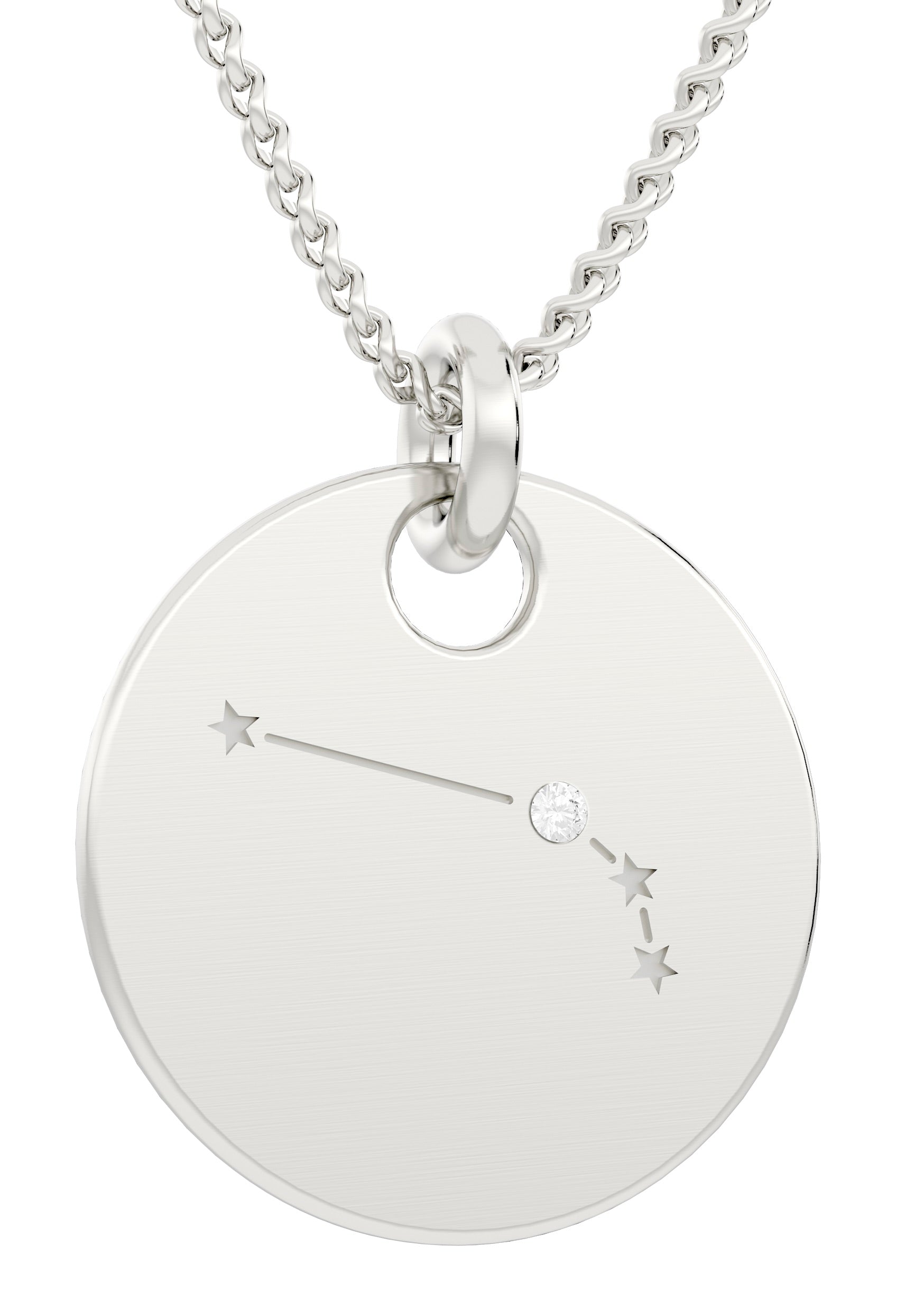 Der Sternbild Kettenanhänger, inkl. Kette, ist eine Silberkette aus 925er Silber mit einem runden Anhänger, in den ein Sternbild eingraviert und durch einen kleinen Diamanten akzentuiert ist.