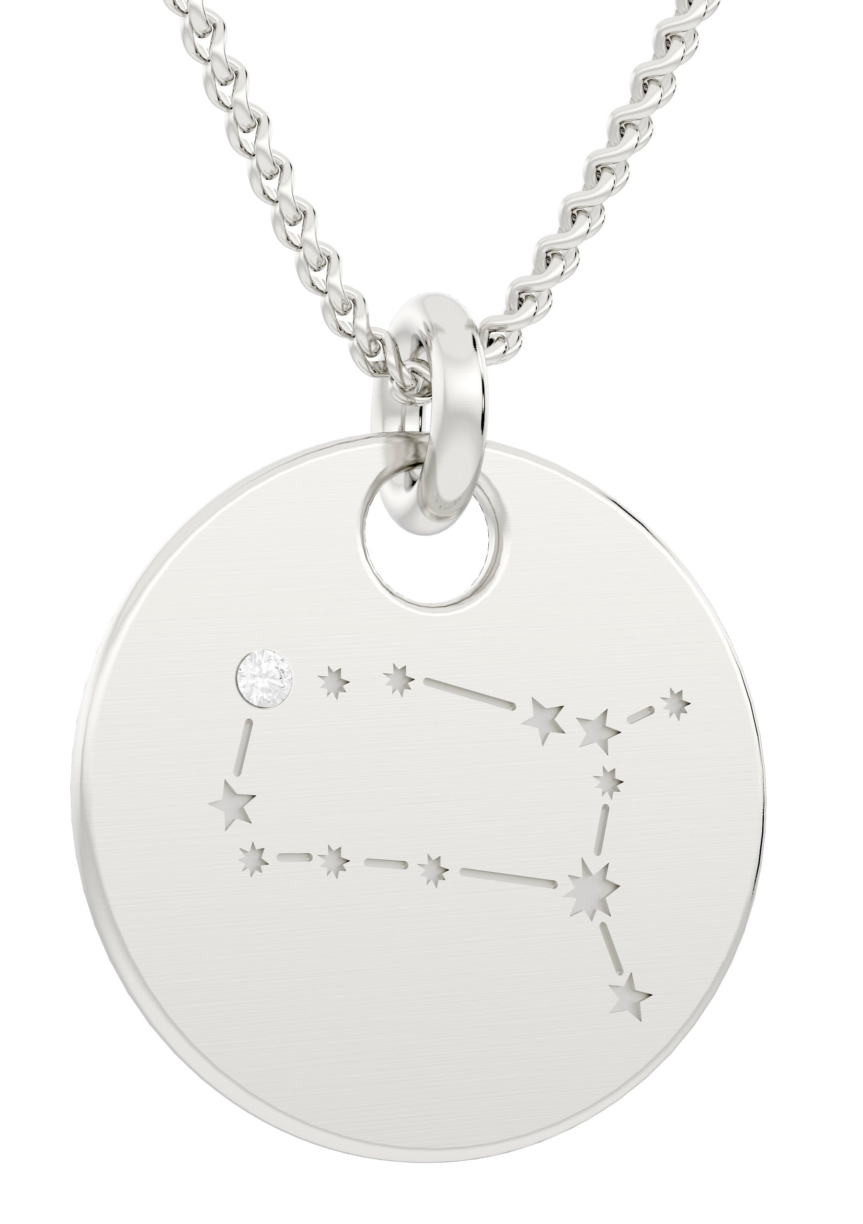 Sternbild Kettenanhänger, inkl. Kette, aus 925er Silber mit graviertem Sternbild und funkelndem Diamant als Akzent auf einem Stern.