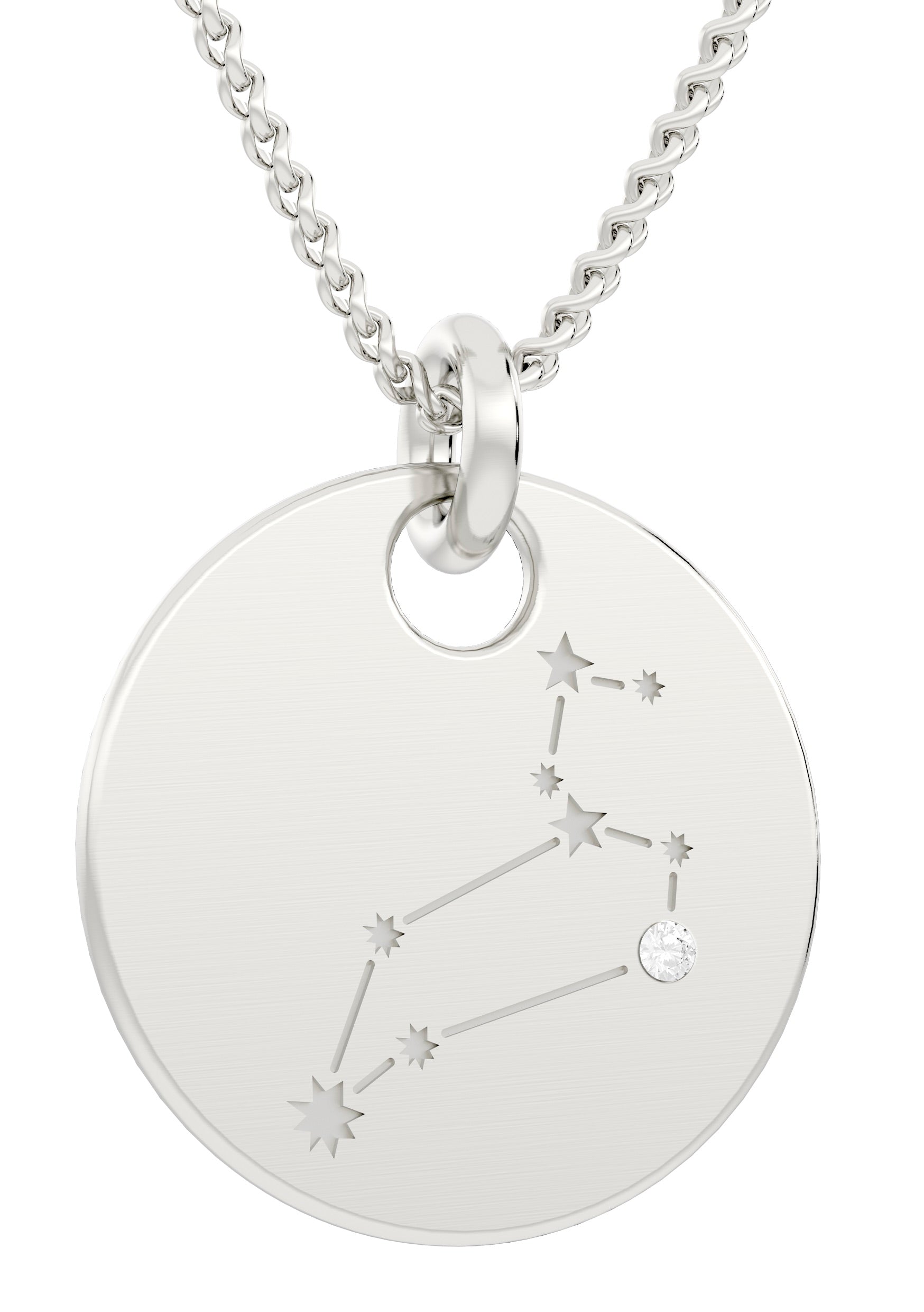 Ein silberner „Sternbild-Kettenanhänger, inkl. Kette“ verfügt über einen runden Anhänger mit eingraviertem Sternbild-Design und einem kleinen Diamanten als Akzent.