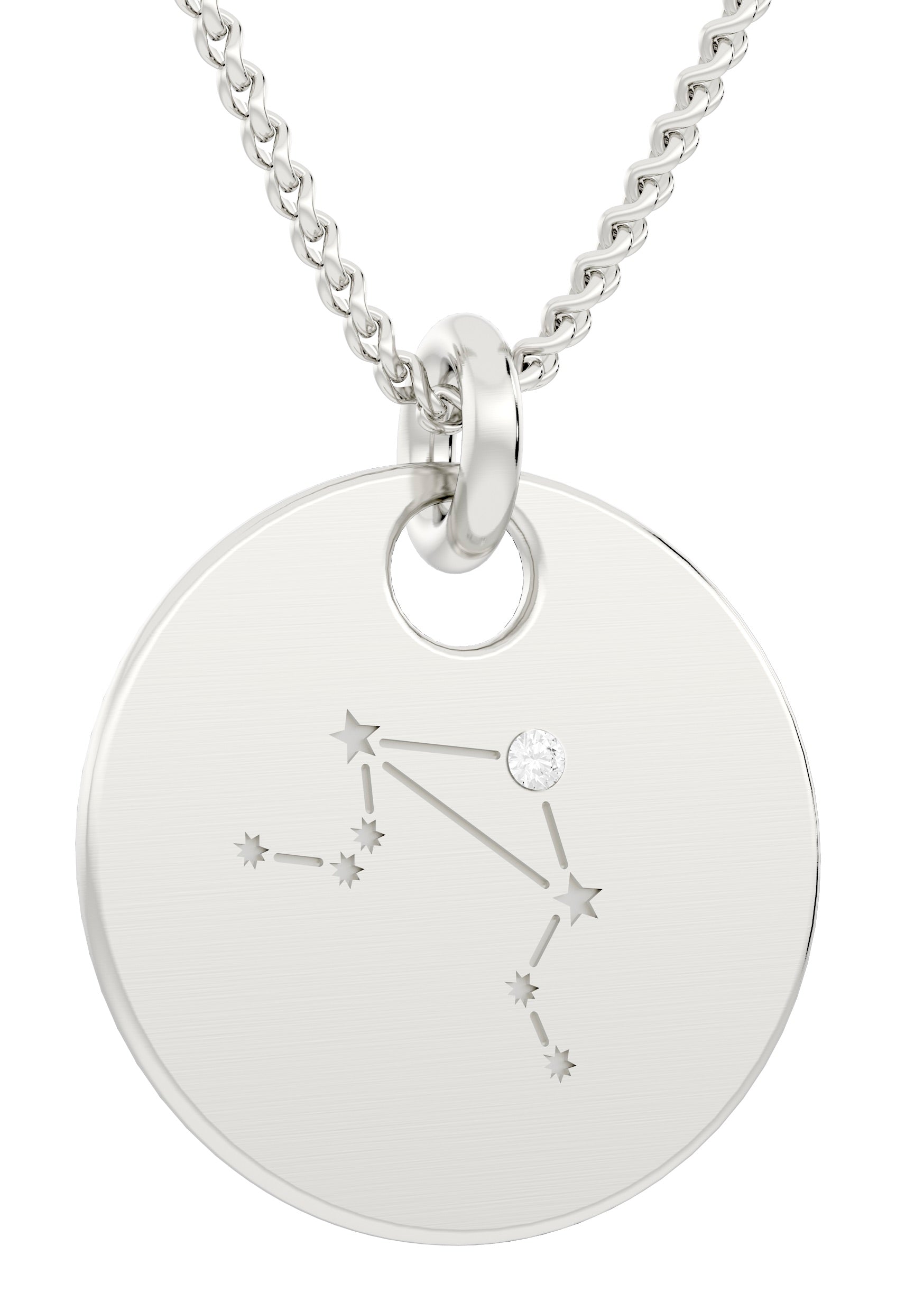 Silberkette mit dem „Sternbild Kettenanhänger, inkl. Kette“ – einem runden Anhänger aus 925er Silber mit eingraviertem Sternbild Schütze und einem kleinen Edelsteinakzent.